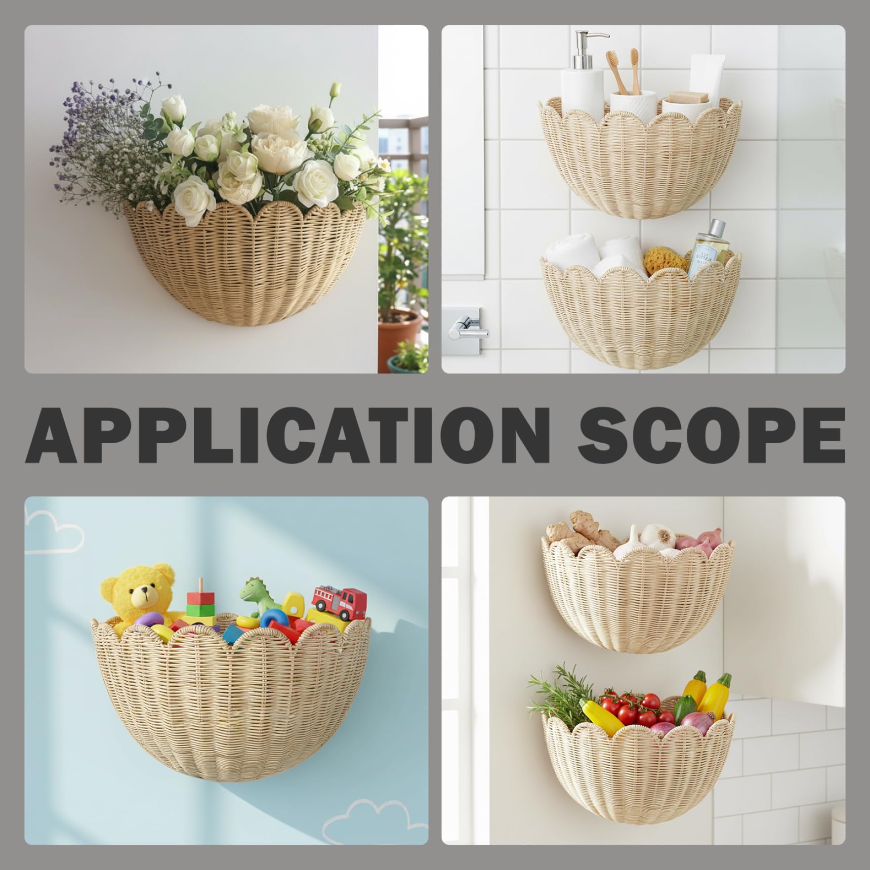 Lot de 2 paniers muraux décoratifs tissés à la Main, Style bohème festonné, Rangement et décoration en rotin pour la Maison, la Salle de Bain, la Cuisine, Le Salon, 2 Tailles