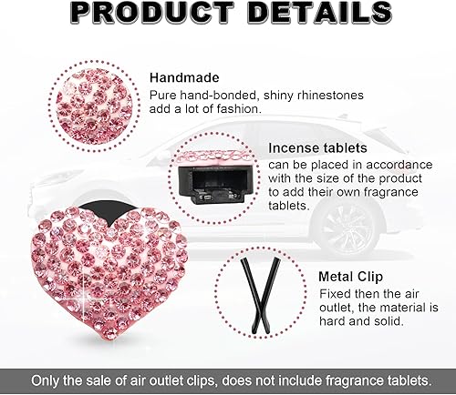 Miniatura 3 de 2 piezas de clips de ventilación de coche con dijes de corazón de cristal brillante - Accesorios decorativos para salida de aire acondicionado para