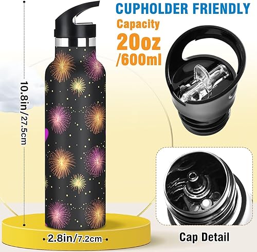 Miniatura 2 de Kids Water Bottle with Straw 20 Oz, Water Bottle Stainless Steel for Travel or School, BPA-Free, Vibrant Hearts Fireworks Black