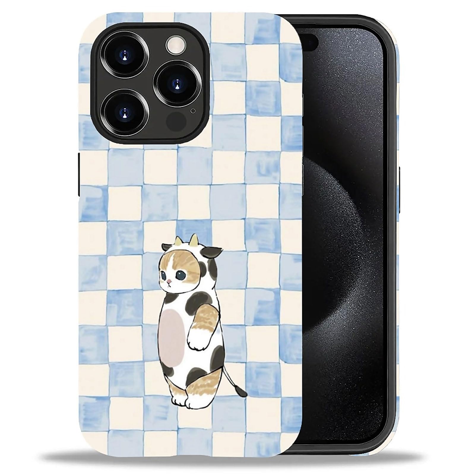 Photo 1 of Goodsprout Case Compatible with iPhone 15 Pro, Girl Hybrid 2-Layer Hard Shell + Silicone Protective Case -Scratch-Resistant Shockproof - Blue Checkered A Cat Dressed in Cow Clothes