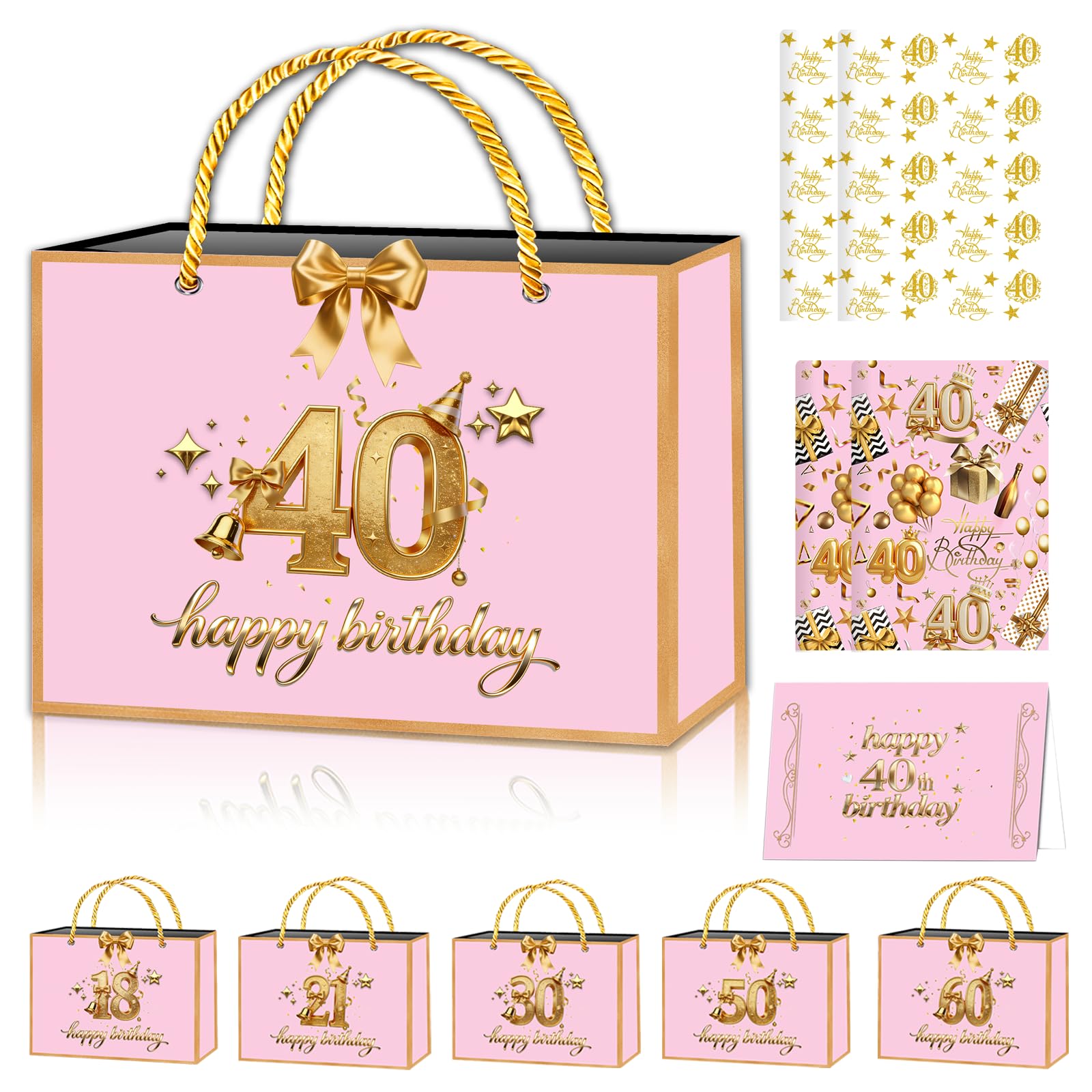 POPOYU Rose Gold 40th Birthday Gift Bag with 40thBirthday Wrapping Paper and Birthday Card,Ribbon,40th Birthday Wrapping Paper for Women,Tissue Paper Sheets for BirthdayGifts Wrapping,DIY Art Crafts