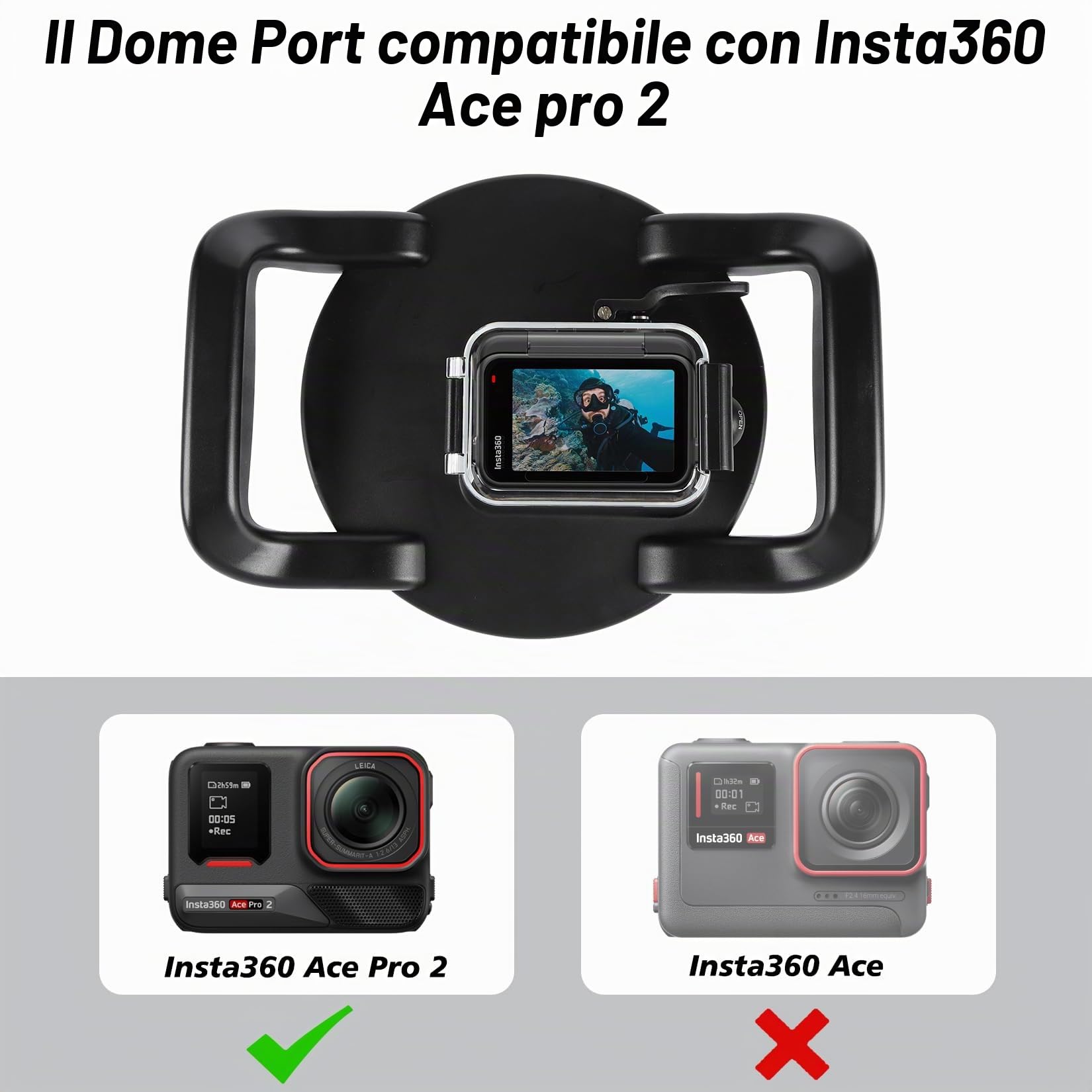 SHOOT Dome Port Custodia Impermeabile per Insta360 Ace Pro 2, Custodia Subacquea Resistente all'acqua 30M/98FT con Doppia Impugnatura per la Videocamera d'azione Insta360 Ace Pro 2