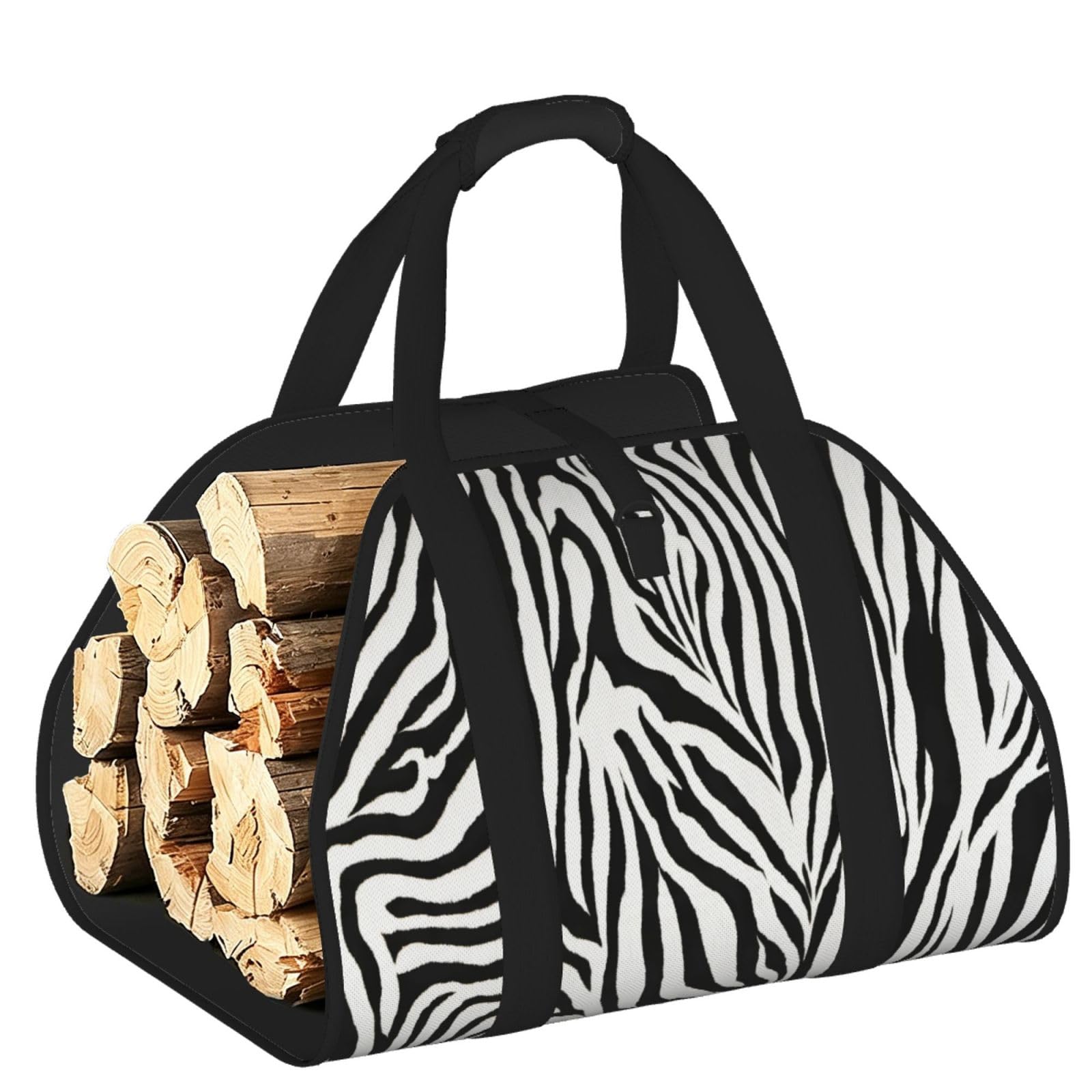 Zebra Print Printed Firewood Carrier Bag, Log Tote with Open-Ended Design for Camping Outdoor Wood Hauling