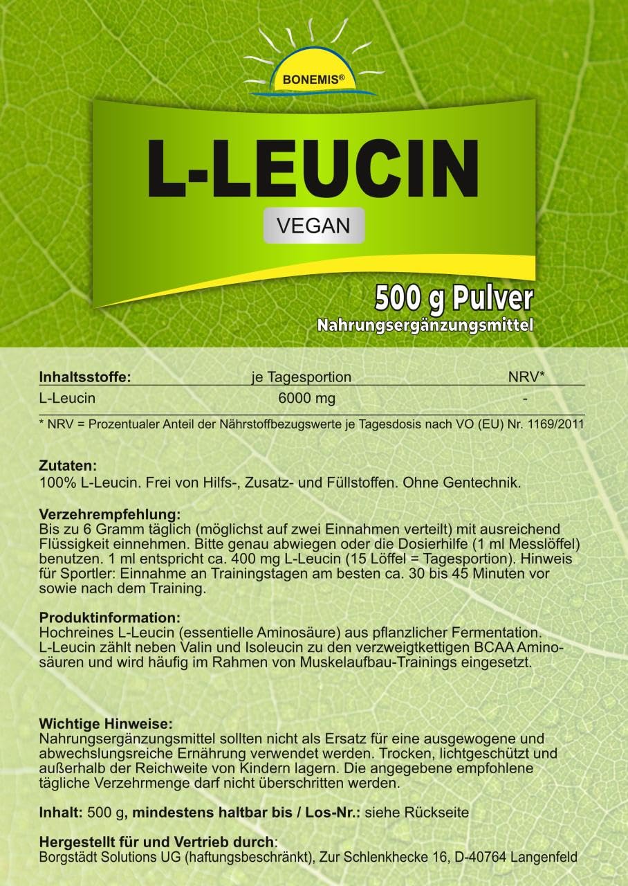 L-Leucin (Aminosäure), vegan, 500 g im Beutel, Premiumqualität ohne Zusatzstoffe