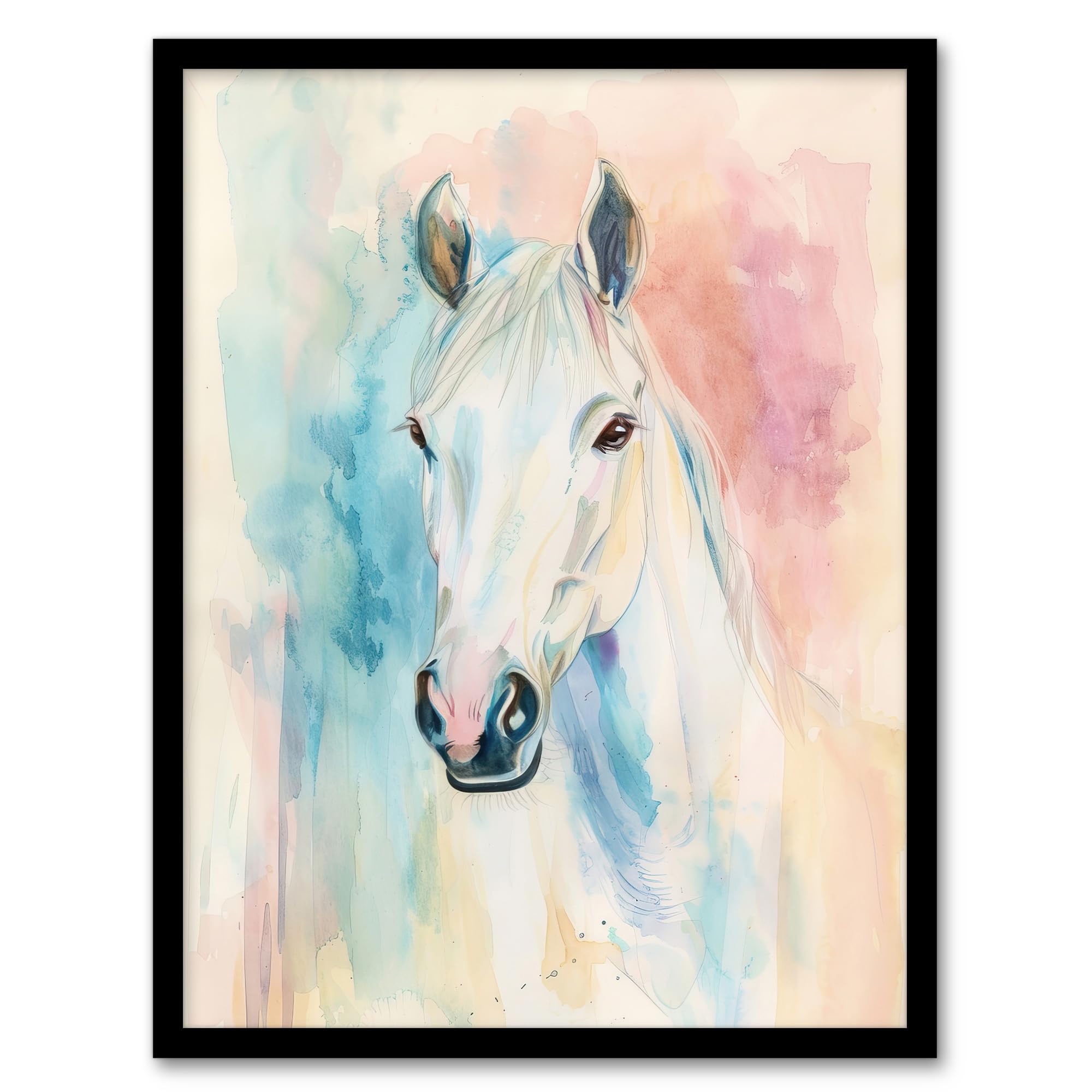 Artery8 Pastel Watercolour White Horse Head Portrait Framed Art Print - A4 Size