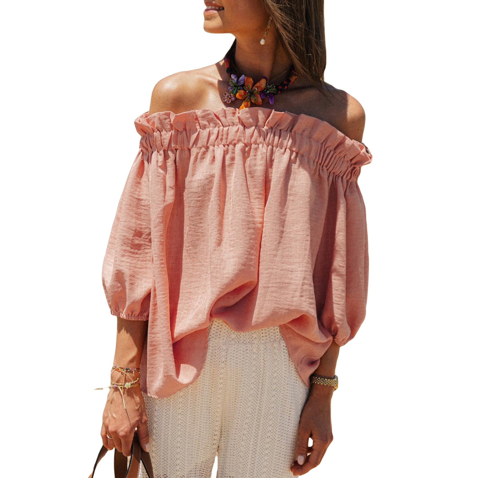 HzDazrl Blusas de hombro descubierto para mujer, cuello barco, media manga abombada, color liso, elegante, holgada