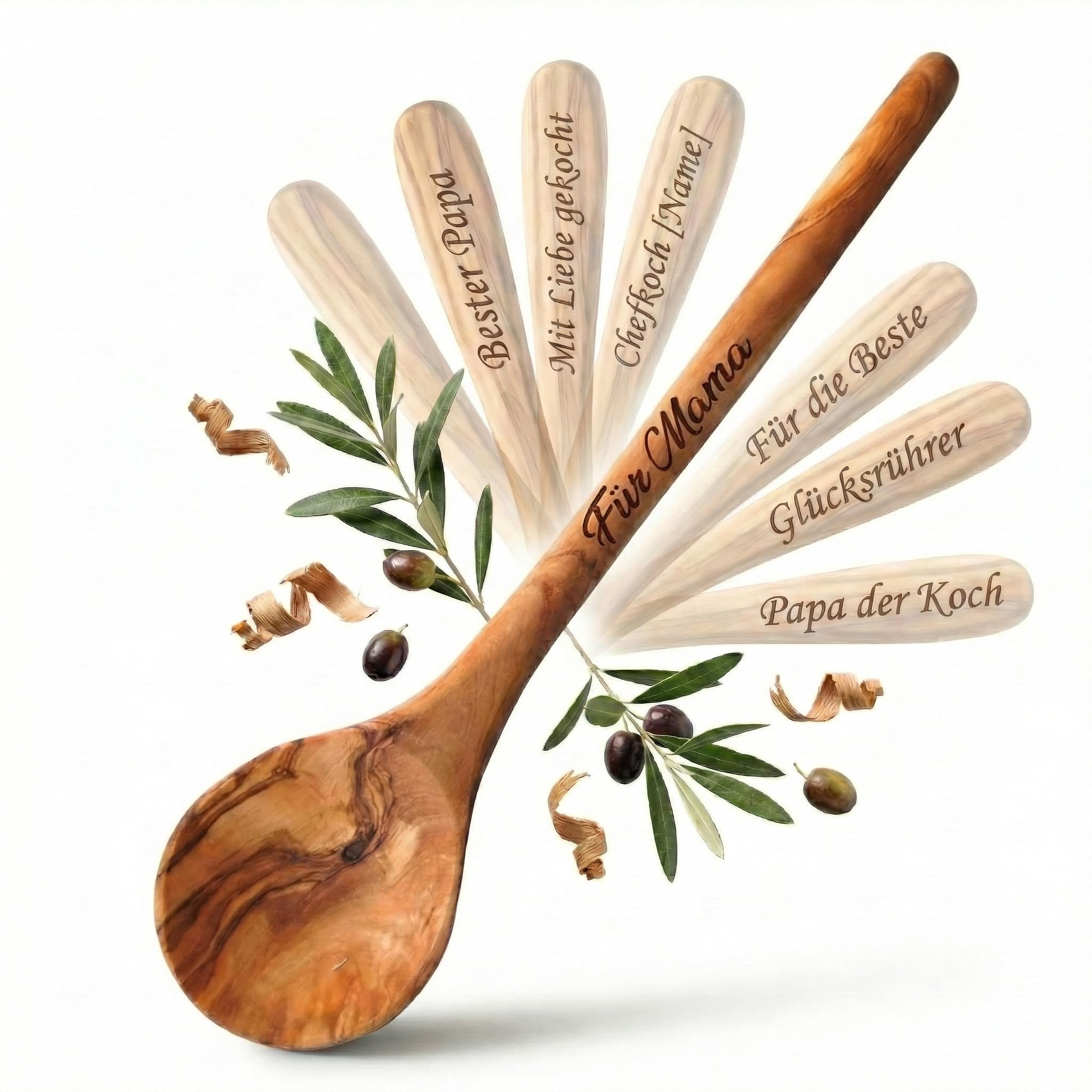 Kochlöffel personalisiert, Olivenholz - Handgemachter Holzkochlöffel mit Gravur als individuelles Geschenk