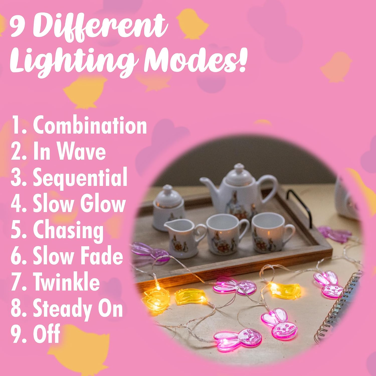 Easter String Lights- Chick & Bunnies 10 ft Fairy Lights w 20 LEDs- Easy to Hang & Battery Powered- 9 Different Modes- Indoor/Outdoor Decorations Waterproof Garland for Home, Parties, Classroom