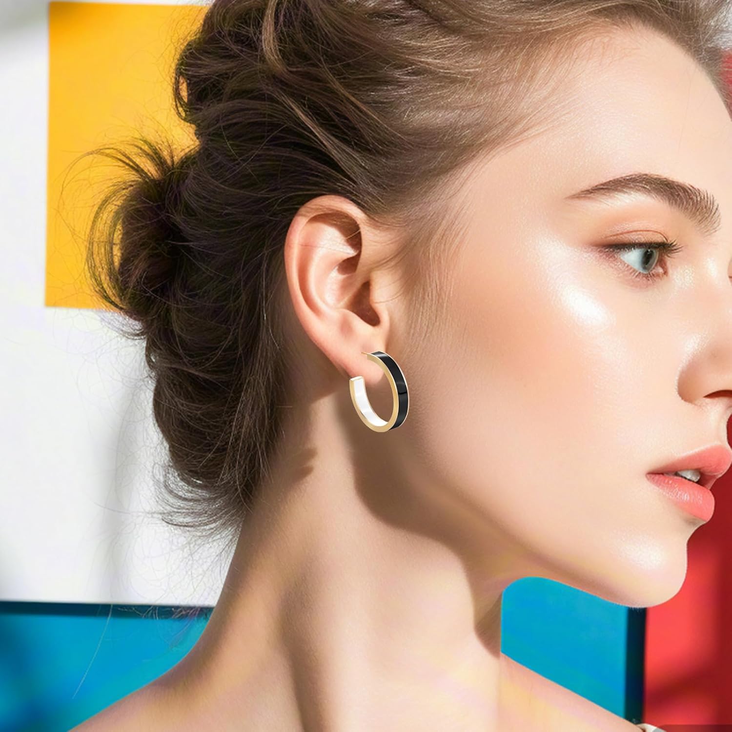 Chunky Gold Earrings for Women C Shaped Round Hoop Earrings 18K Gold Plated Stainless Steel Enamel Earrings Jewelry Gift