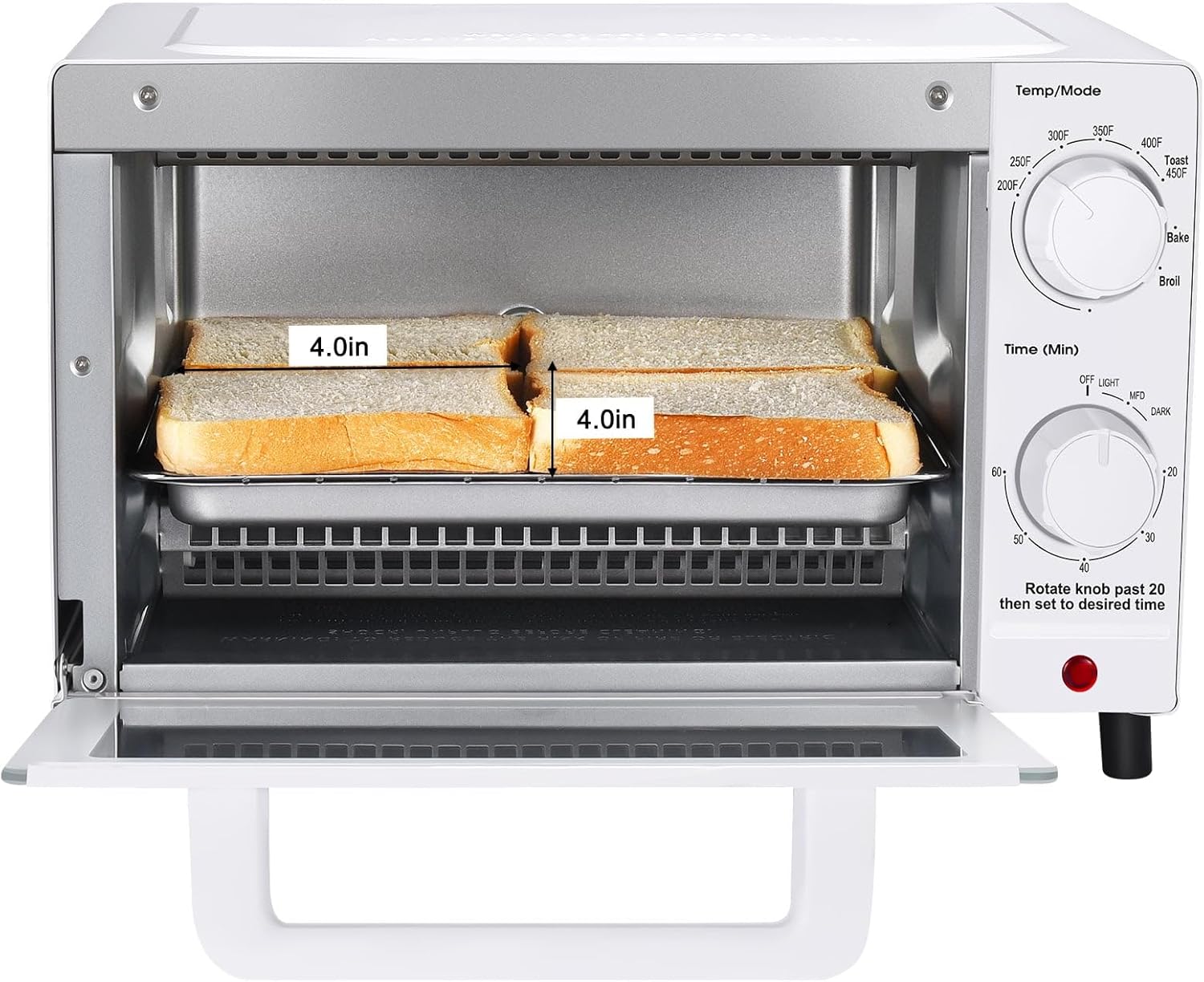4 Slice Countertop Toaster Oven With 3 Settings, Includes Baking Rack And Pan, Arctic White, New - 2 Quartz Heating Elements, Fits 9-inch Pizza Or 4 Slices Of Bread, Adjustable Timer Up To 60 Minutes