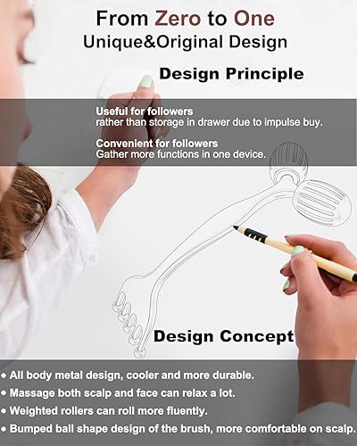 Miniatura 2 de Yeamon Rodillo de masaje de metal 3 en 1, masajeador de cuero cabelludo y Gua Sha, rodillo masajeador facial de metal, rodillo de masaje facial