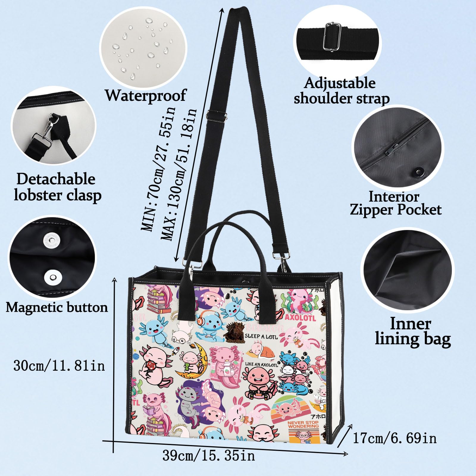 LEVLO Cute Axolotl Tote Bag Bobalotl Fans Gift Gamesolotl Lover Shoulder Bag Salamander Merchandise, Axolotl Lt, M - Image 2