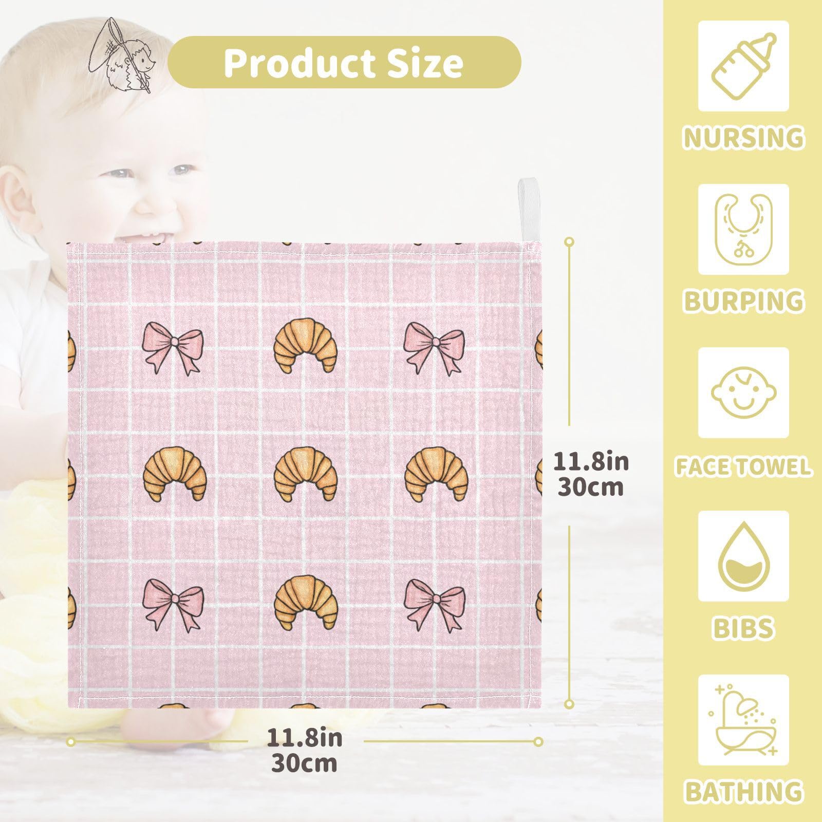 Nander 5Pack Baby Muslin Washcloths,Cute Croissant Soft Face Cloths for Newborn, Absorbent Bath Wash Cloths, Wipes, Burp Rag,Toddlers Essentials Stuff, Baby Registry as Shower