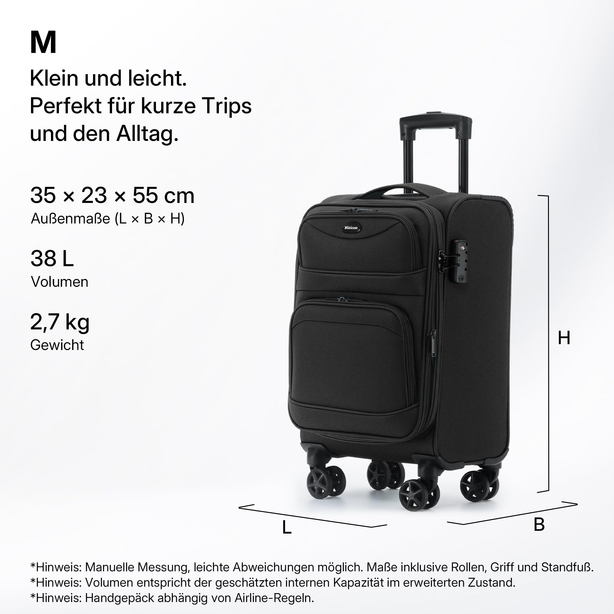 Münicase Stoffkoffer erweiterbar mit Frontfächern,15% Extra-Volumen, TSA-Schloss, 360° Doppelrollen & verdecktem Namensschild (Schwarz, Koffer M (55 cm) erweiterbar)