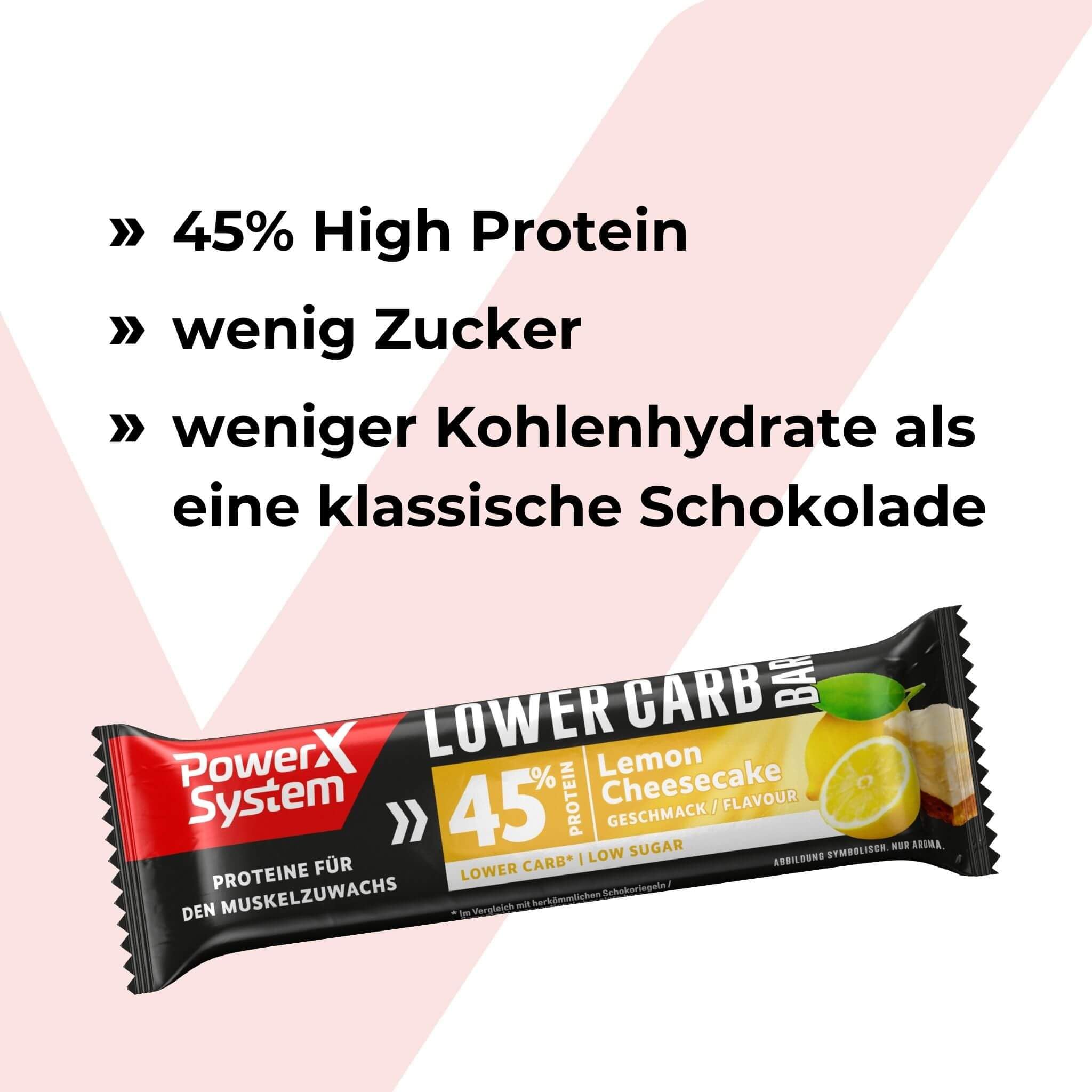 Power System Lower Carb Bar Lemon Cheesecake, 45% Protein, 28 x 40 g | Eiweißriegel mit 18 g Protein und nur 0,7 g Zucker pro Riegel, Zitronen-Käsekuchen-Geschmack mit weißer Schokolade