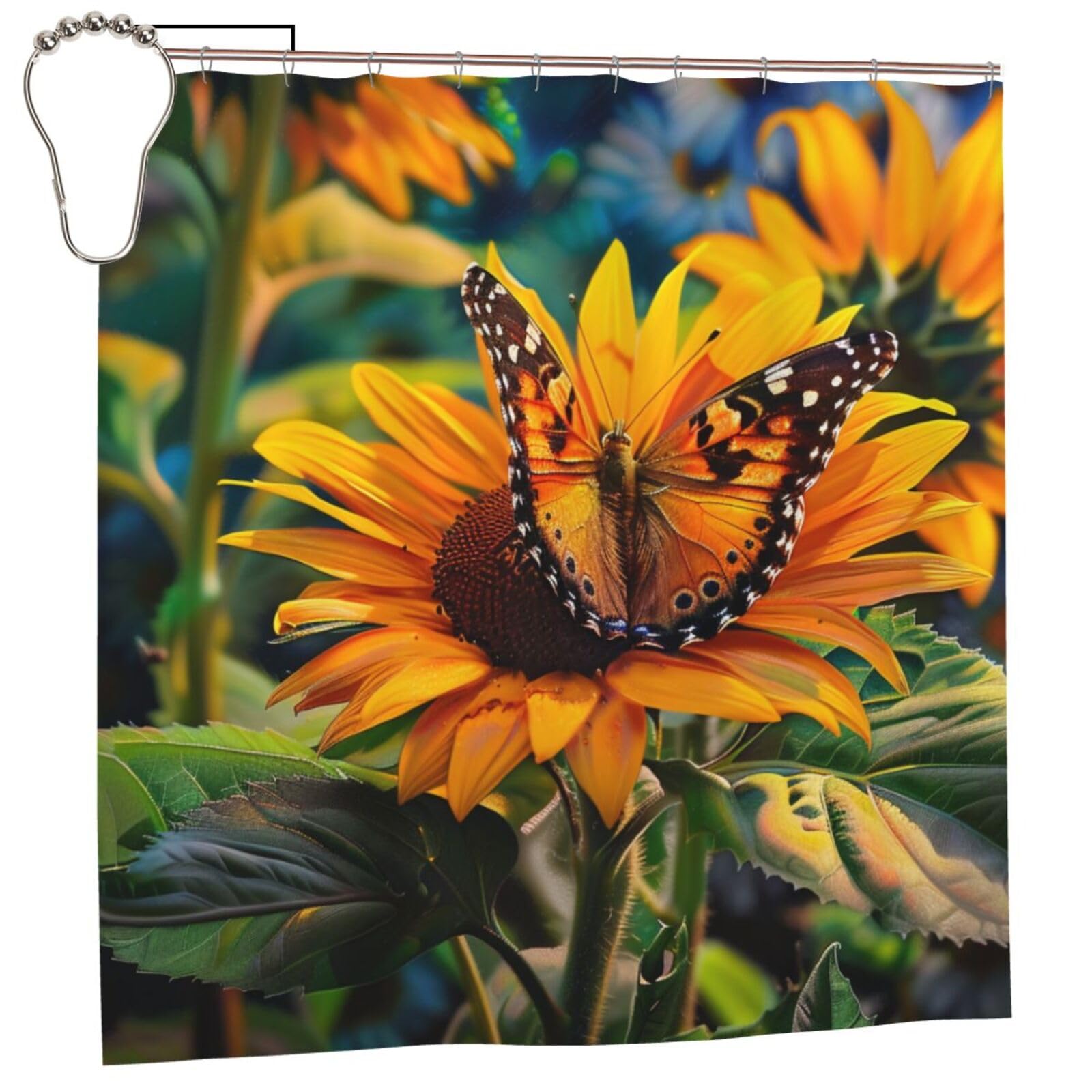 BWWHCCTI Sunflower Butterfly Printed Shower Curtain With 12 Iron Hooks Opaque Quick Drying Waterproof Shower Curtains Sets For Bathroom 183x183 CM