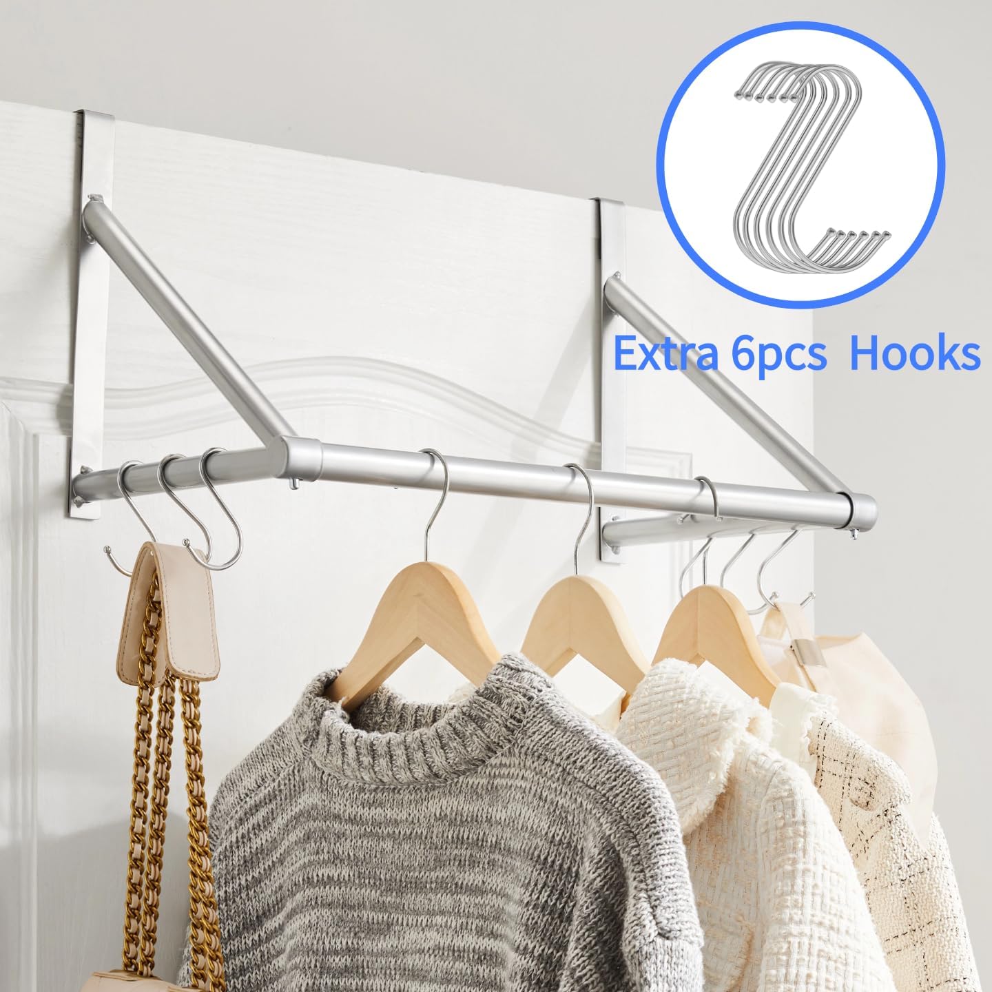 Over The Door Clothes Drying Rack, Silver Metal Hanger with 6 Hooks