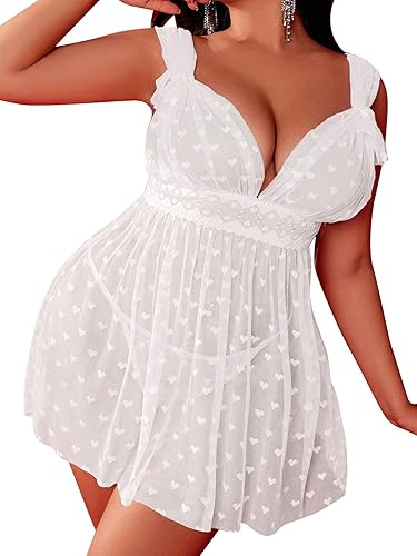 SOLY HUX Women's Plus Size Lingerie Mesh Sheer Heart Print Babydoll Sleepwear Chemise with Thong