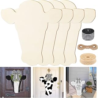 Weysat Cow Head Wood Cutout Door Hanger Unfinished Wood Cow Head Pieces Country Farm Blank Slice with Ribbon and Twine for DIY Crafts Door Hanger 12 Inch(4 Pieces)