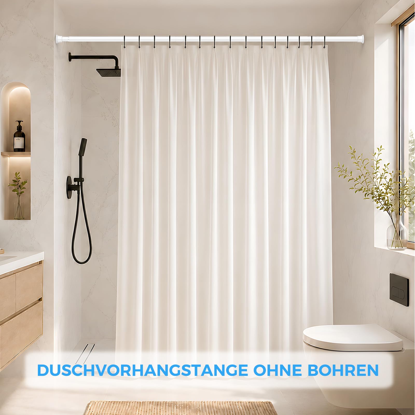 2 Stück Gardinenstange ohne Bohren 78‑196 cm, weiße Teleskopstange