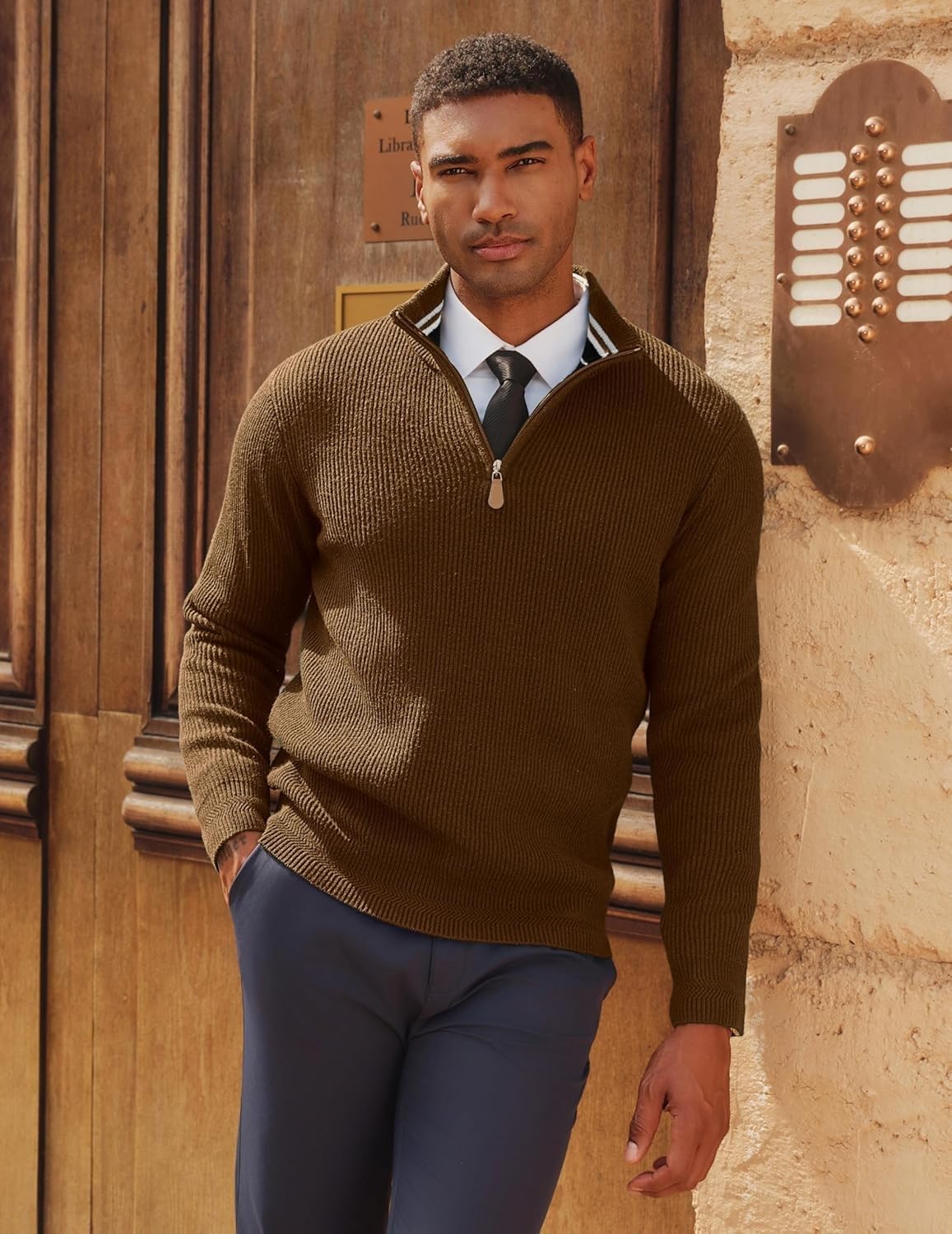NORTHWIND Men High Neck Zipper Full Sleeve Cotton Knitted Winter Sweater for Man Pullover Sweater Sweaters for Men Winter (in, Alpha, L, Brown) - Image 3 thumbnail