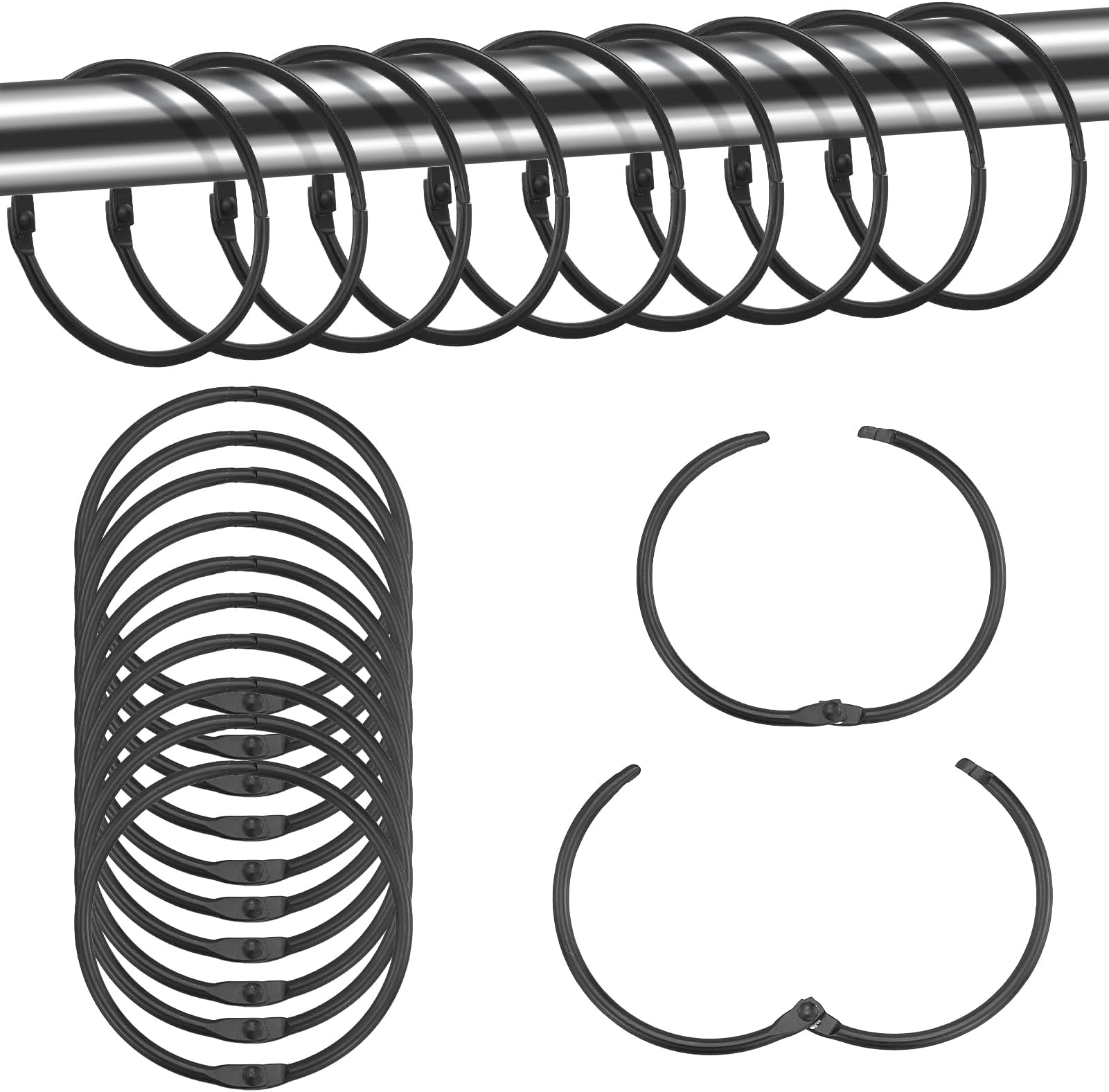 Lot De 20 Anneaux De Rideaux Avec Clips Métalliques Pour Tringles Rideaux Noires