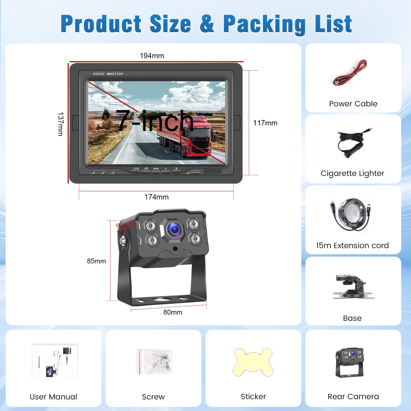 Kit telecamera di retromarcia con monitor IPS da 7 pollici e telecamera AHD, resistente all'acqua IP68, visione notturna a infrarossi, telecamera di retromarcia con cavo da 4 pin lungo 10 metri, 9-36V