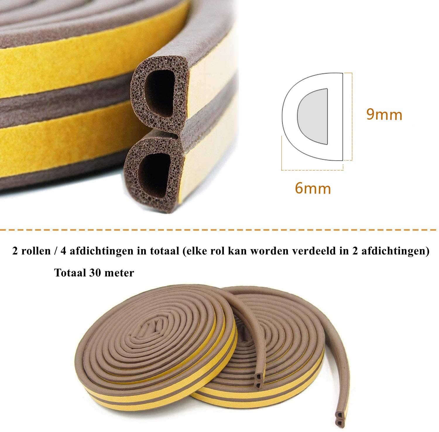 6 m Deurafdichting, afdichtingstape, zelfklevend, afdichting, deurkozijn, flexibel, rubberen afdichting, waterdicht, raamafdichting, deurafdichtingen (wit, 9 mm x 8 mm