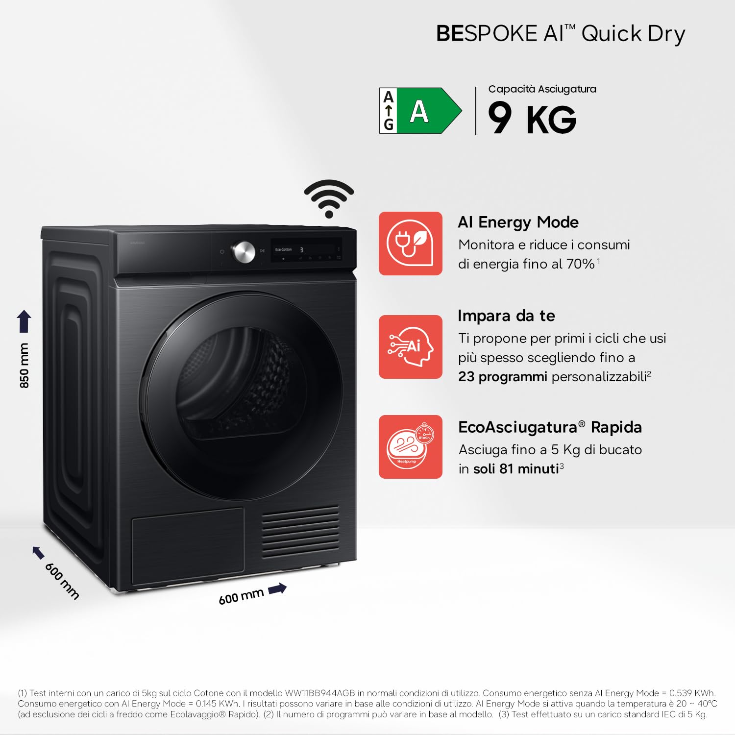 Samsung Asciugatrice Bespoke AI F-DT90DB78GB3M, 9 kg, Pompa di Calore, Wifi, QuickDrive, AI Dry, Hygine Dry, Carica Frontale, 3 Mesi Garanzia Extra, 60L x 85H x 60P cm