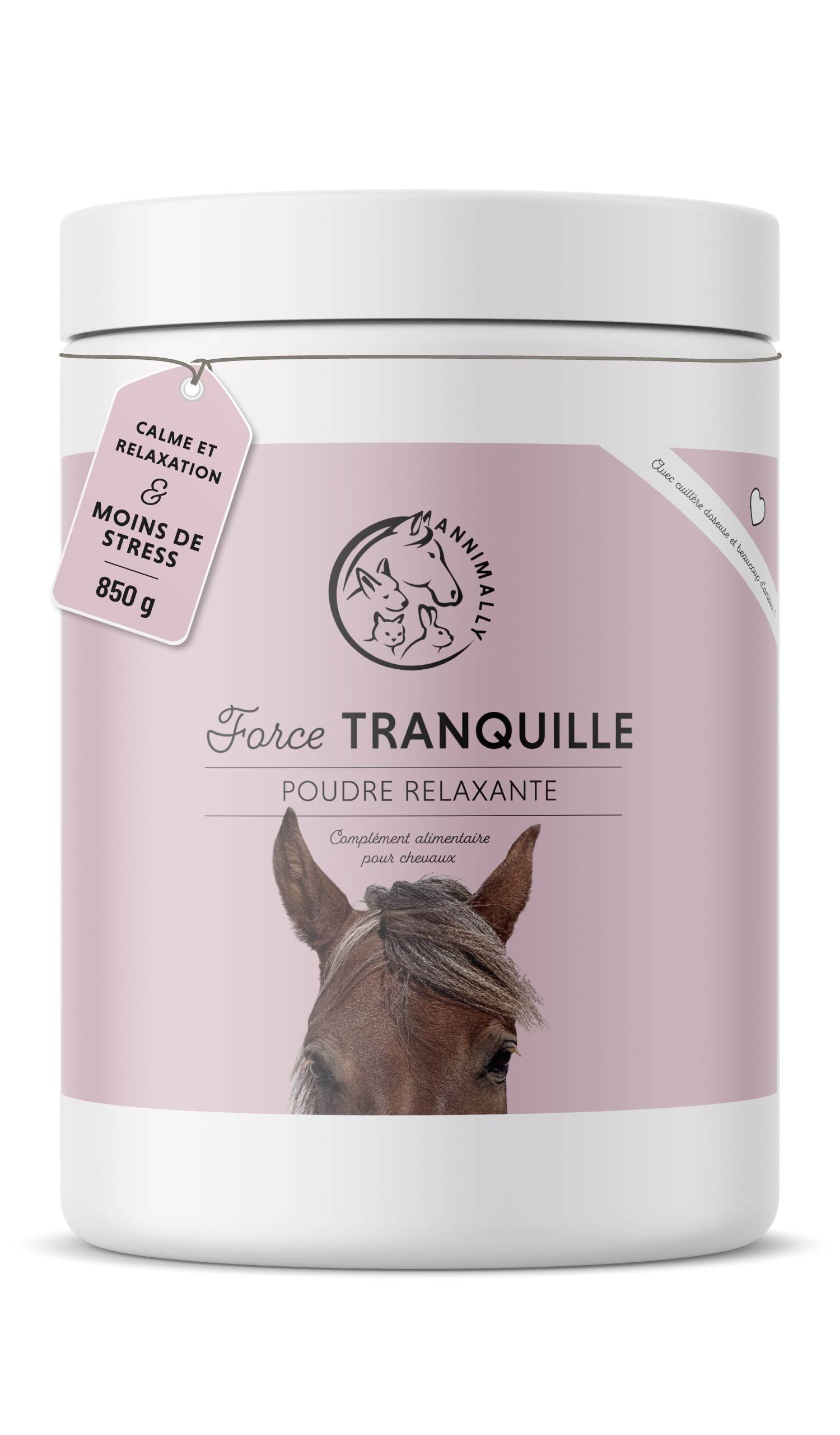 Annimally Poudre Relax pour Chevaux 850g pour Calmer Les Chevaux - Herbes pour Les nerfs avec magnésium, tryptophane, valériane, passiflore et Huile de Chanvre Contre l'anxiété, Le Stress