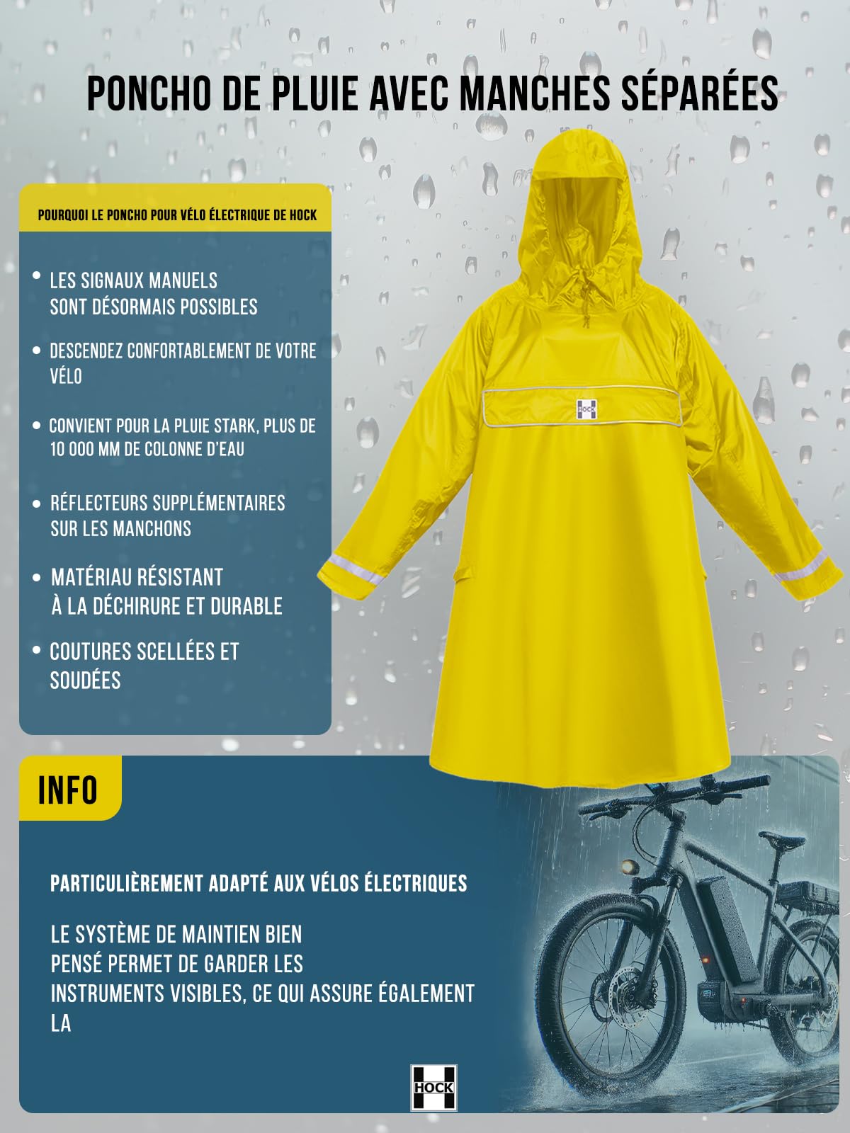 HOCK Premium Poncho E-Bike – Poncho de pluie avec manches pour vélo et E-Bike