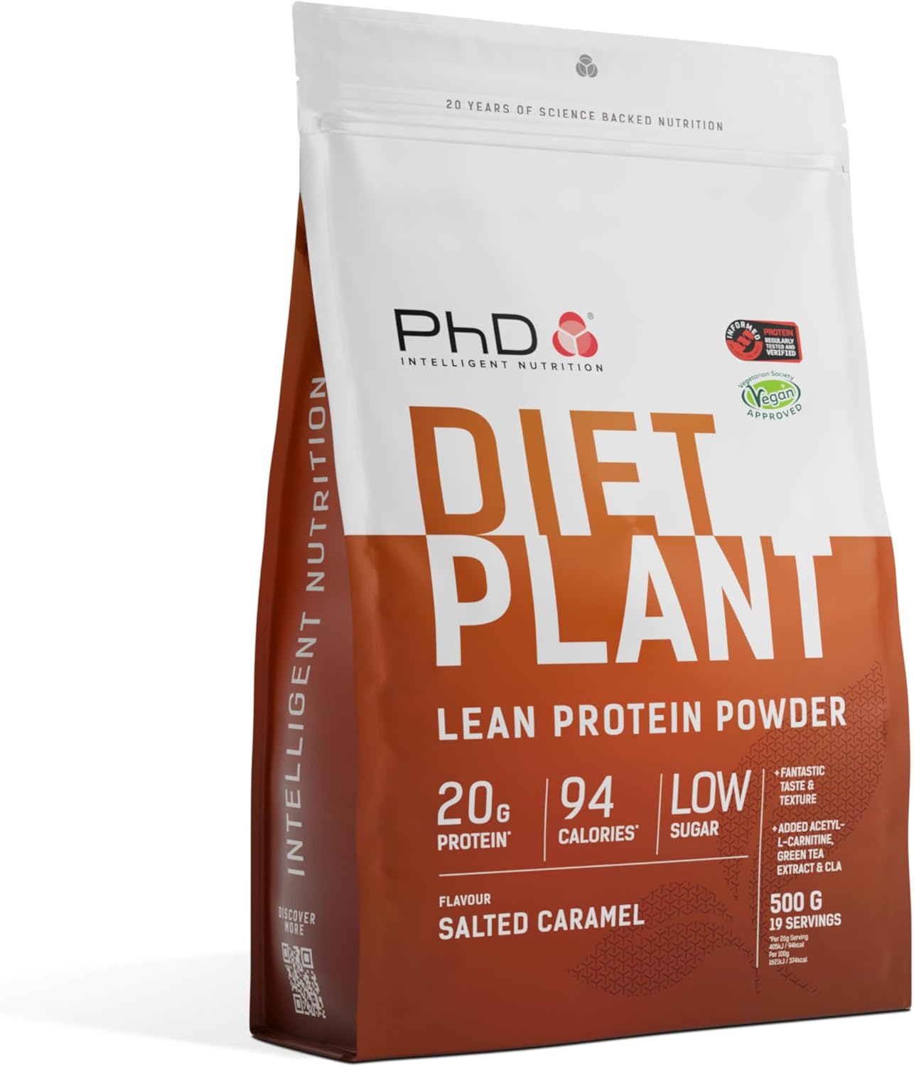 PhD Nutrition Diet Plant, Vegan Protein Powder Plant Based, Salted Caramel, High Plant Protein, 19 Servings Per 500g Bag