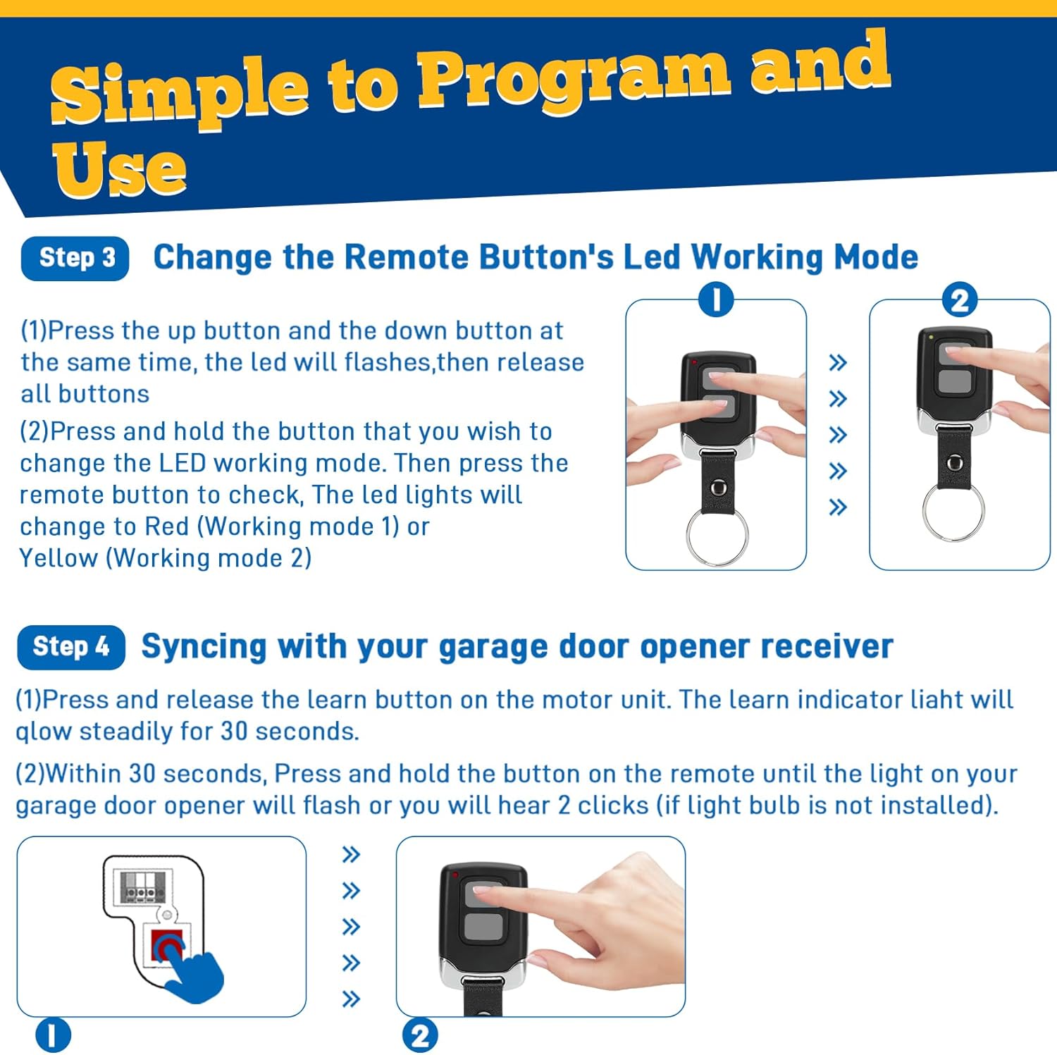 2 Garage Door Opener Remote Keychain, for liftmaster Craftsman Chamberlain Garage Door Opener Remote Universal, Work with Yellow Purple Red Orange Green Learn Button, 893max 893lm 890max 891lm 5