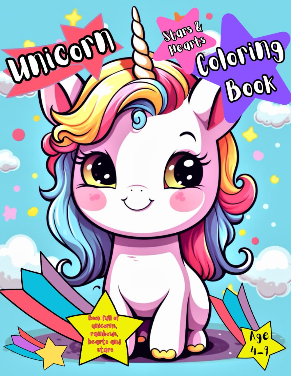 Unicorn Stars & Hearts Coloring Book: Cute Animated Coloring Book for Kids Ages 4-9, Fun Coloring Page Designs