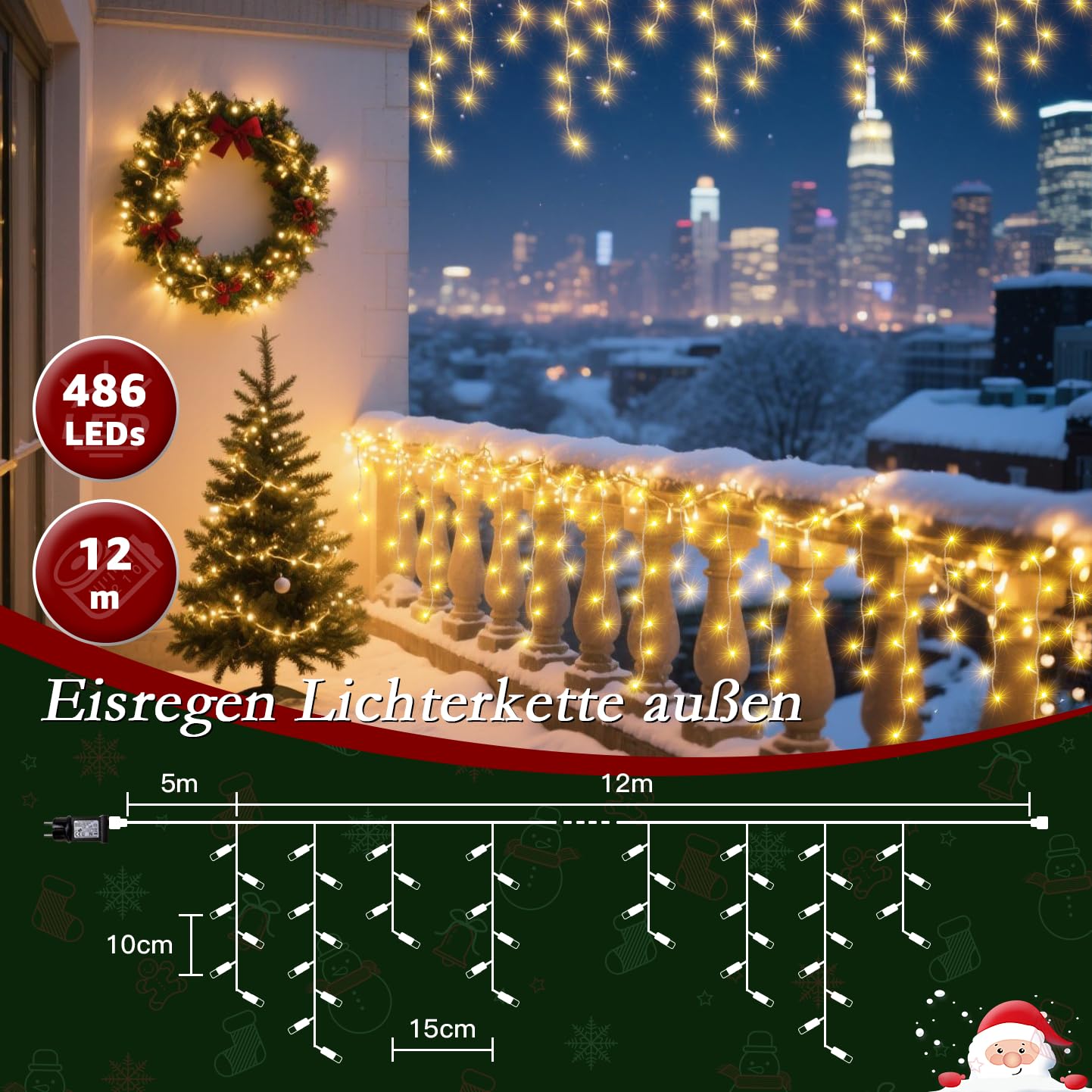 Eisregen Lichterkette Außen Warmweiß 486 LEDs, Fernbedienung, 4 Helligkeitsstufen, 8 Modi, Timer, IP44, 12m, Weihnachtsbeleuchtung für Balkon, Fenster, Garten