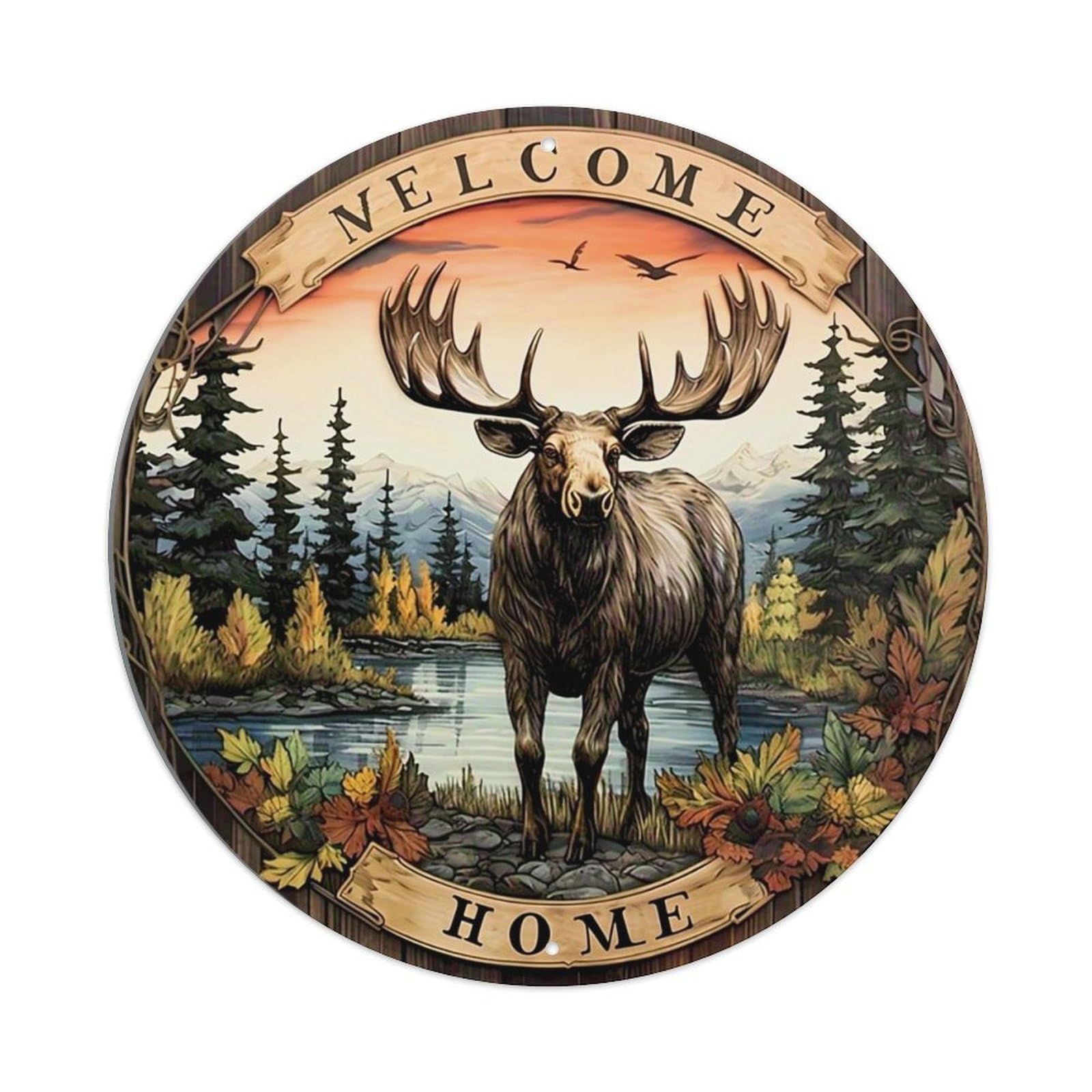 Welcome Home Moose Forest Scene Tin Sign Metal Poster Vintage Metal Signs for Home Man Cave Bar Cafe Kitchen laundry room Wall Decorations 8x8 inches