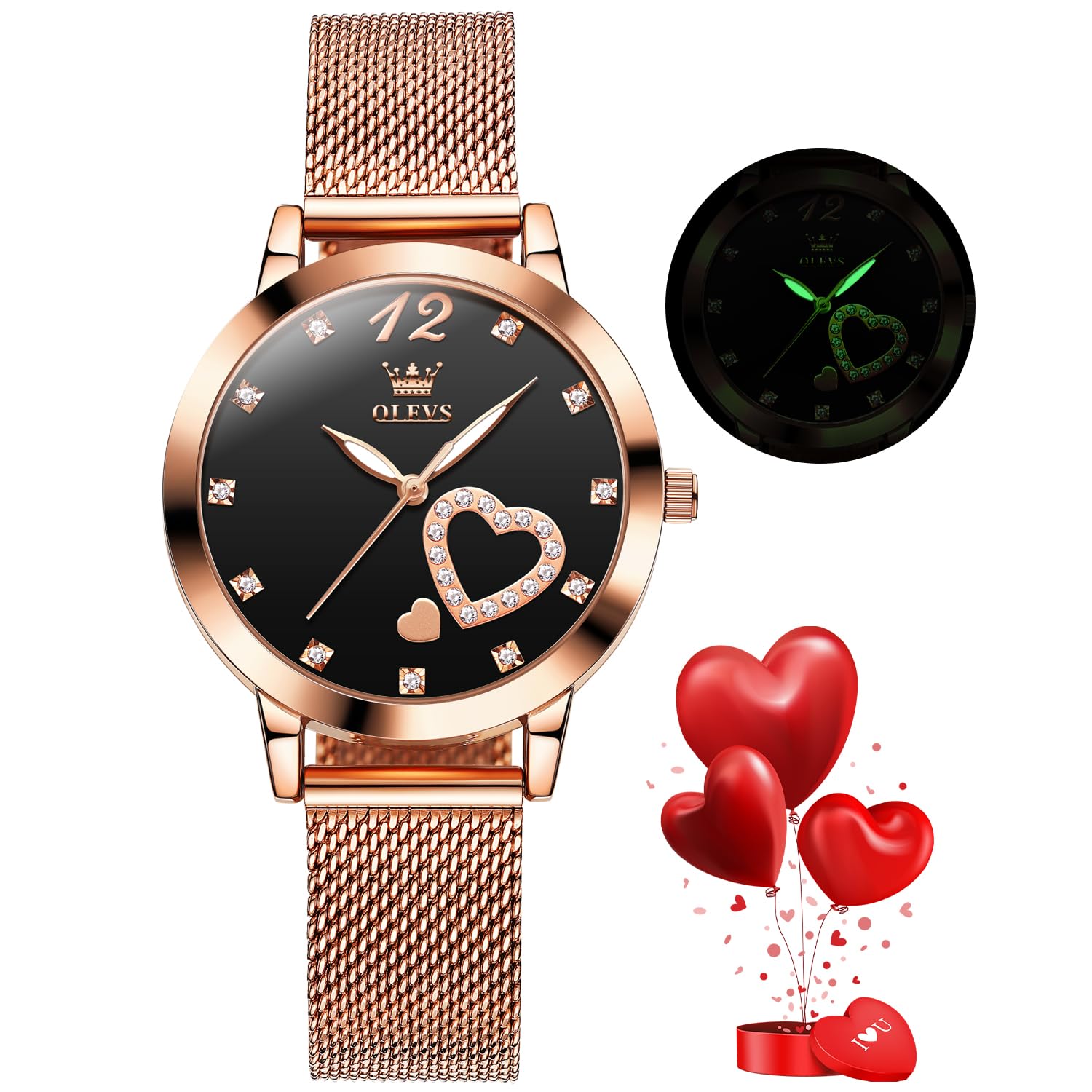 OLEVS Ladies Watch Japanese Quartz Rose Gold Stainless Steel Mesh Strap Diamond Luxury Dress Waterproof Luminous Bracelet Sets