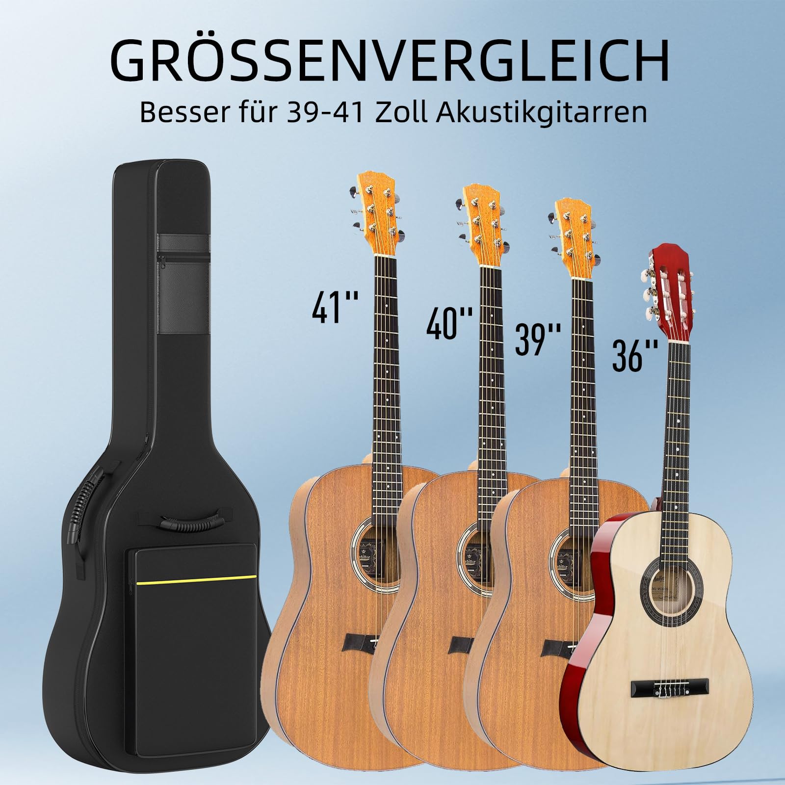GLEAM Gitarrentasche - 8mm Schwammpolsterung für 104,1 cm/41 inch Akustik - wasserdicht