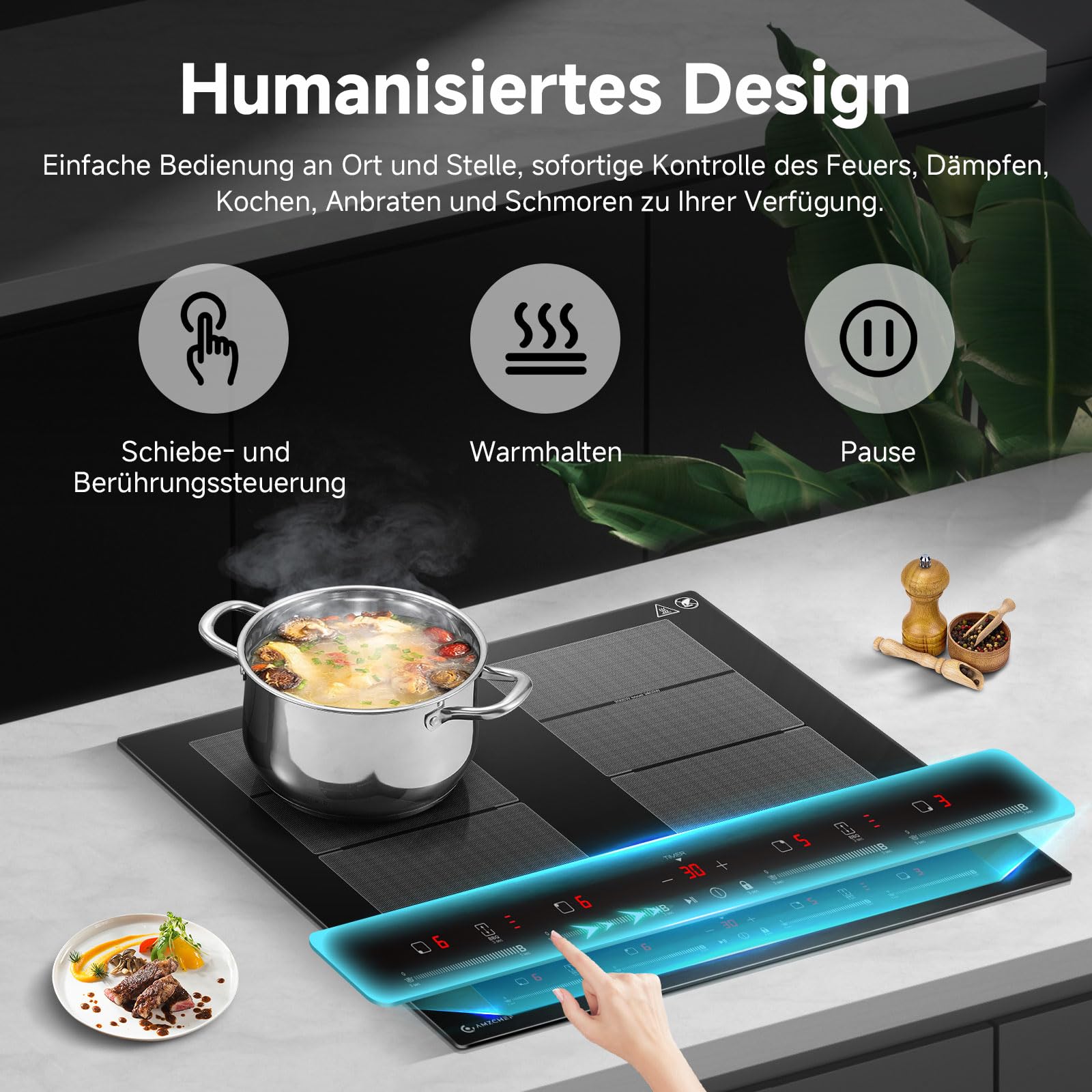AMZCHEF Induktionskochfeld 60cm 4 Zonen 2 Flexzonen 7400W 9 Leistungsstufen Booster