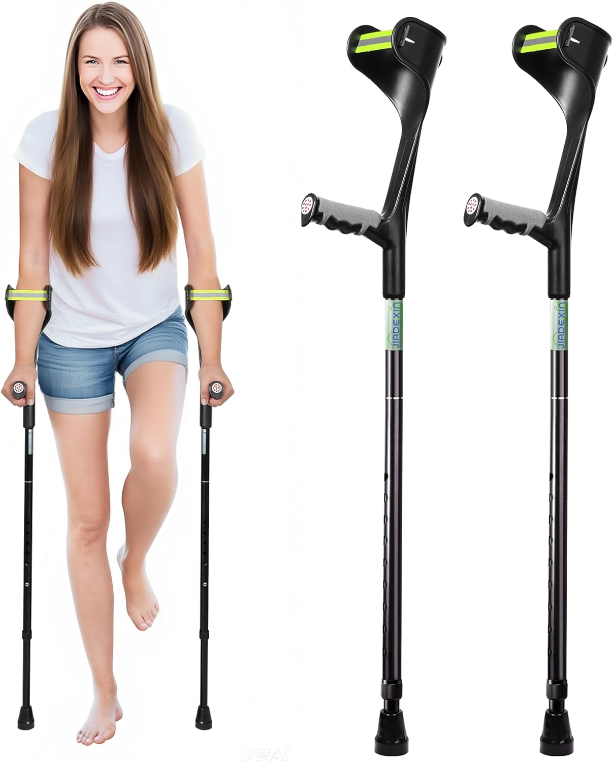 Forearm Crutches for Adults,Open Cuff,Handle with Light Reflector,Foldable and Height-Adjustable Elbow Crutches,High Density Sturdy Aluminum,A Pair, Black