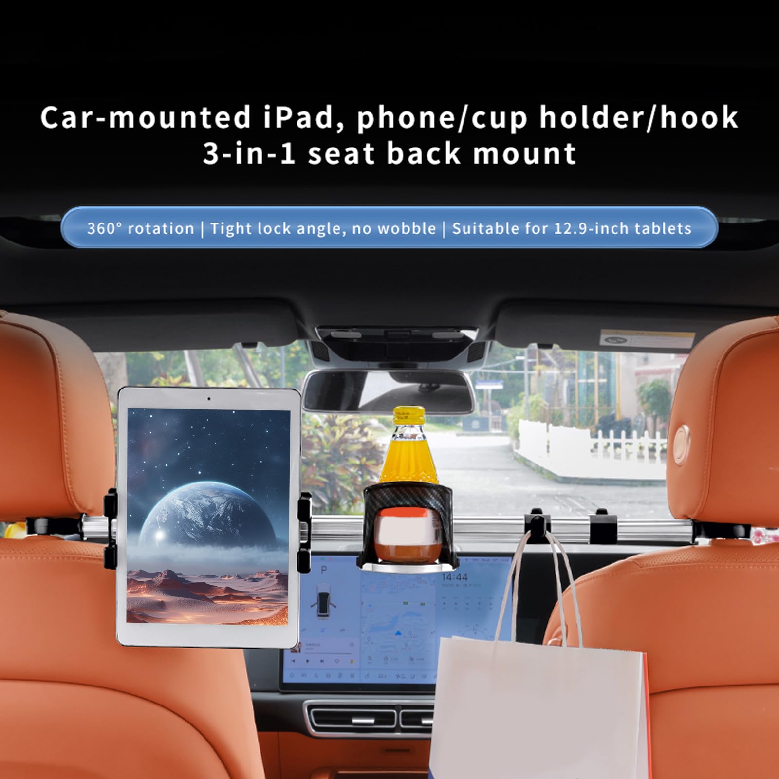 Support pour Tablette dans Le Repose-tête de Voiture, 2 pièces, Support Extensible pour Banquette arrière, étui Multifonction 3-en-1 avec Porte-Tasse et Crochet réglable, Support de Tablette