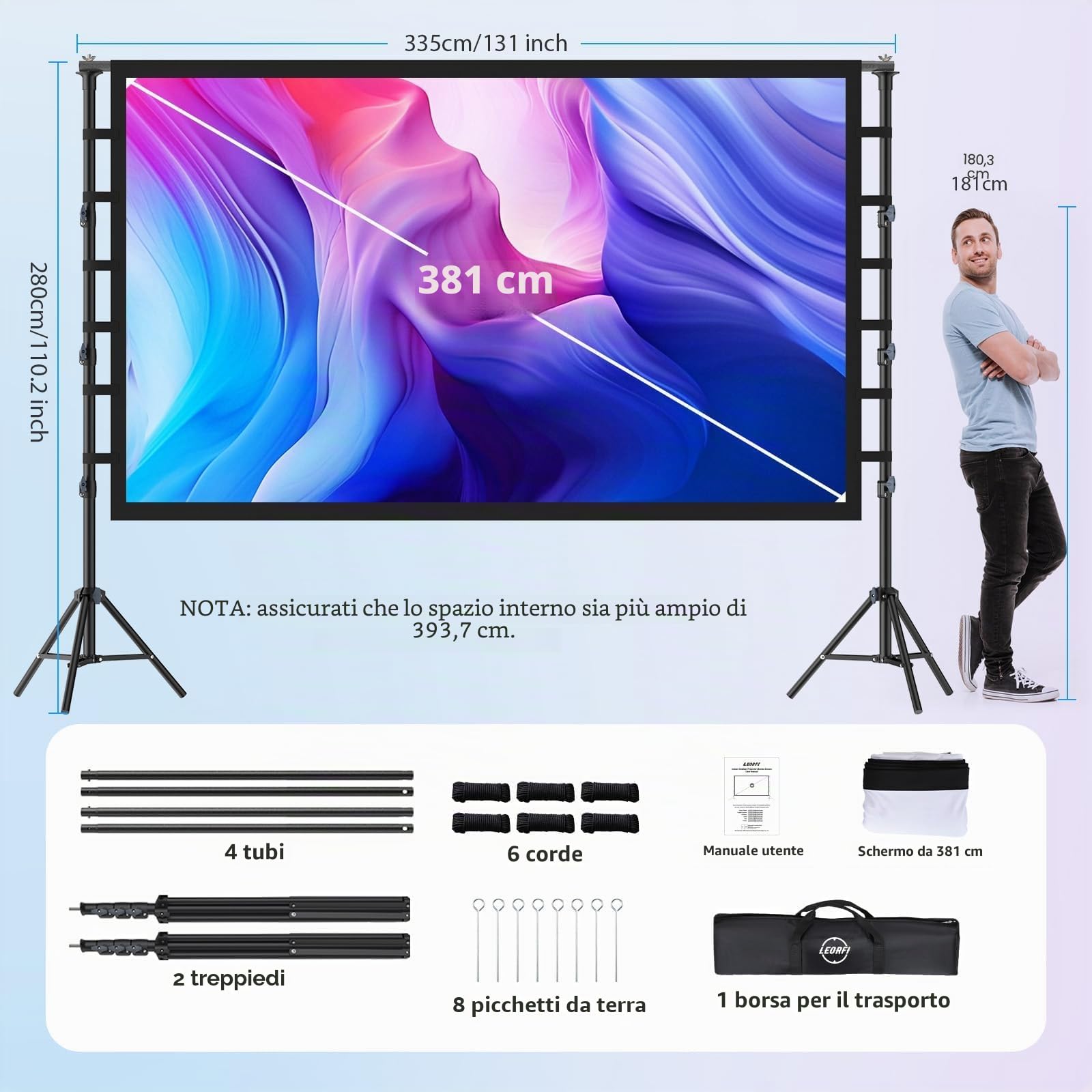 Schermo per Proiettore 150” Pollici con Treppiedi, LEORFI Schermo di Proiezione Supporta 4K Full HD 16:9, Schermo Portatile Pieghevole, Altezza Regolabile, Campeggio All'aperto e Teatro Domestico