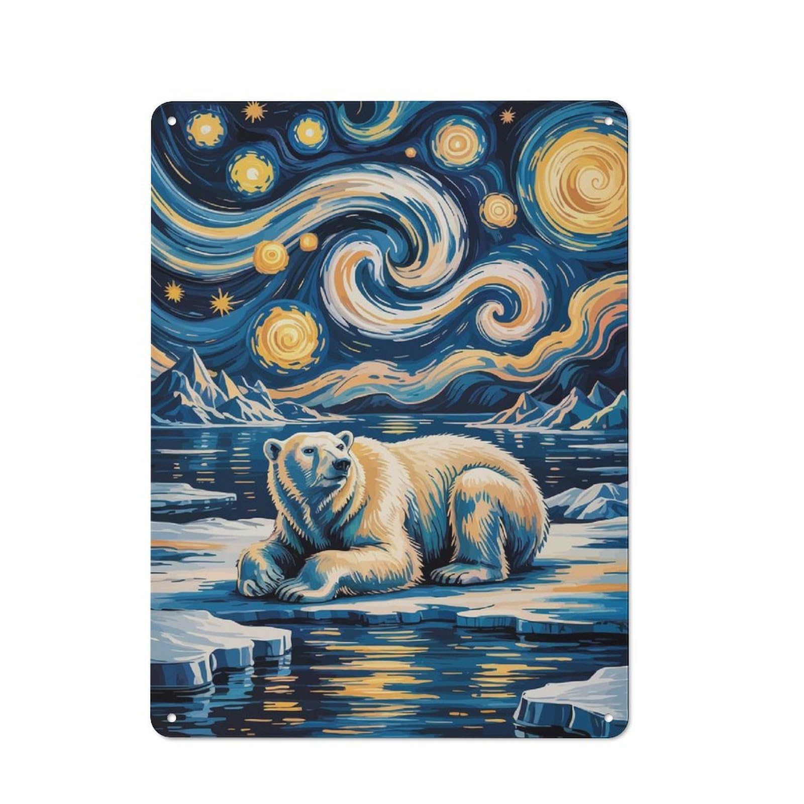 Junmoney Polar Bear Starry Night Art Metal Wall Sign 40X30cm Featuring For Living Room Wall, For Metal Sign Collectors, For Garage And Workshop Walls