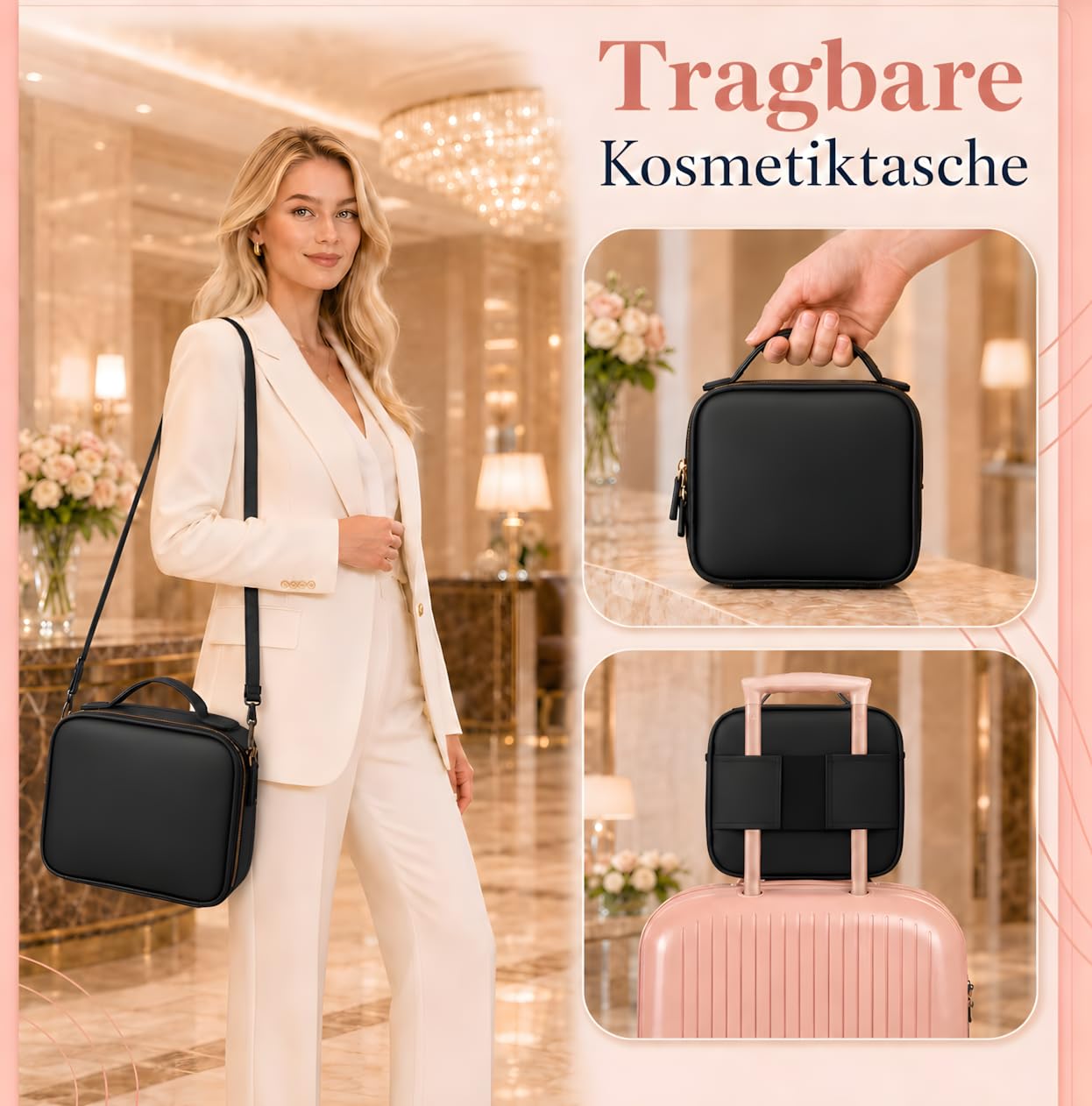 Premium Kosmetiktasche mit Spiegel (normal & Vergrößerung) – Make Up Tasche mit Spiegel – Schminktasche – Kosmetikkoffer - Schminkkoffer Damen