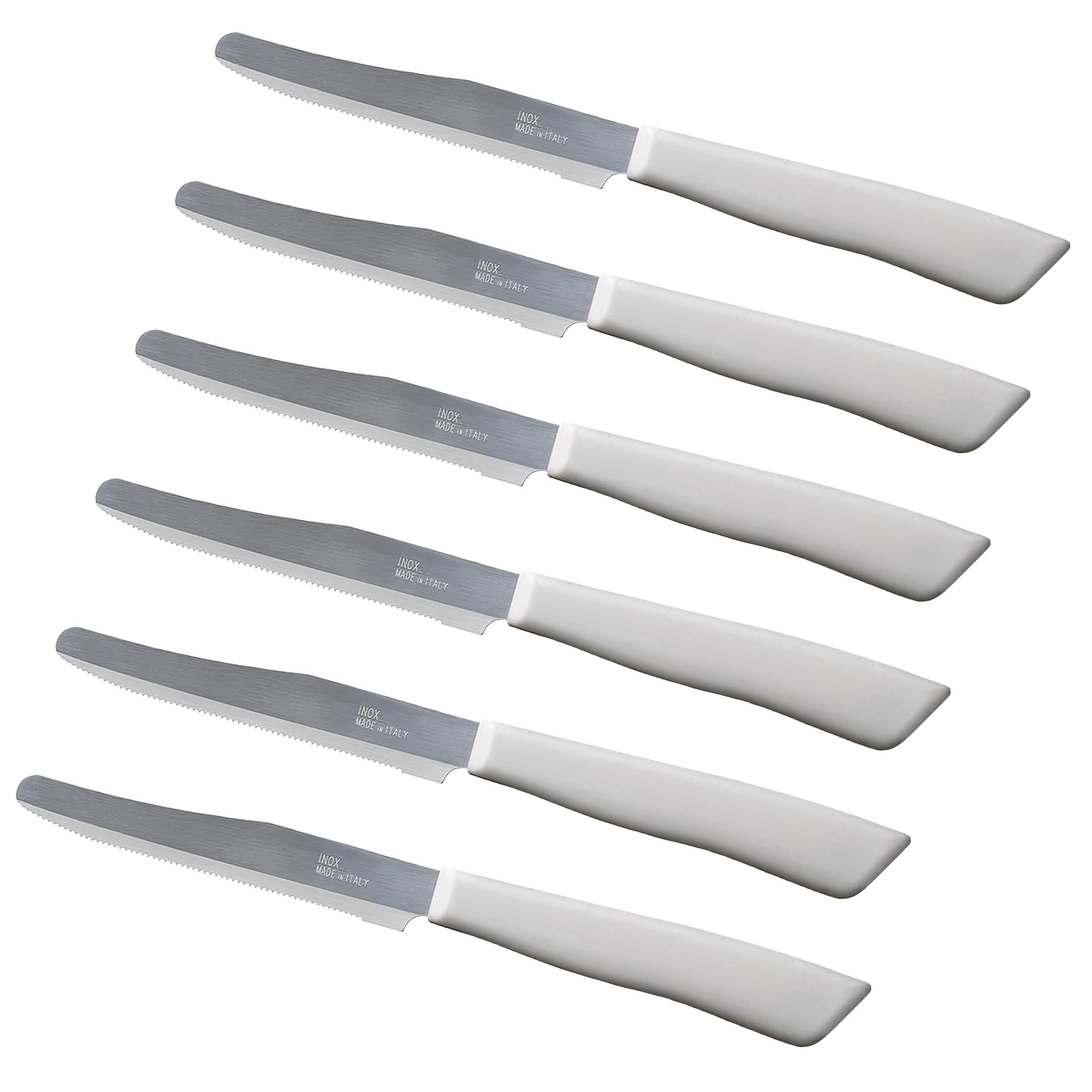 Tredoni 6 kitchen Knives - 4.3"/11cm Italian Stainless Steel Serrated Vegetable/Steak/Table Knife Cutlery, Rounded Tip (White)