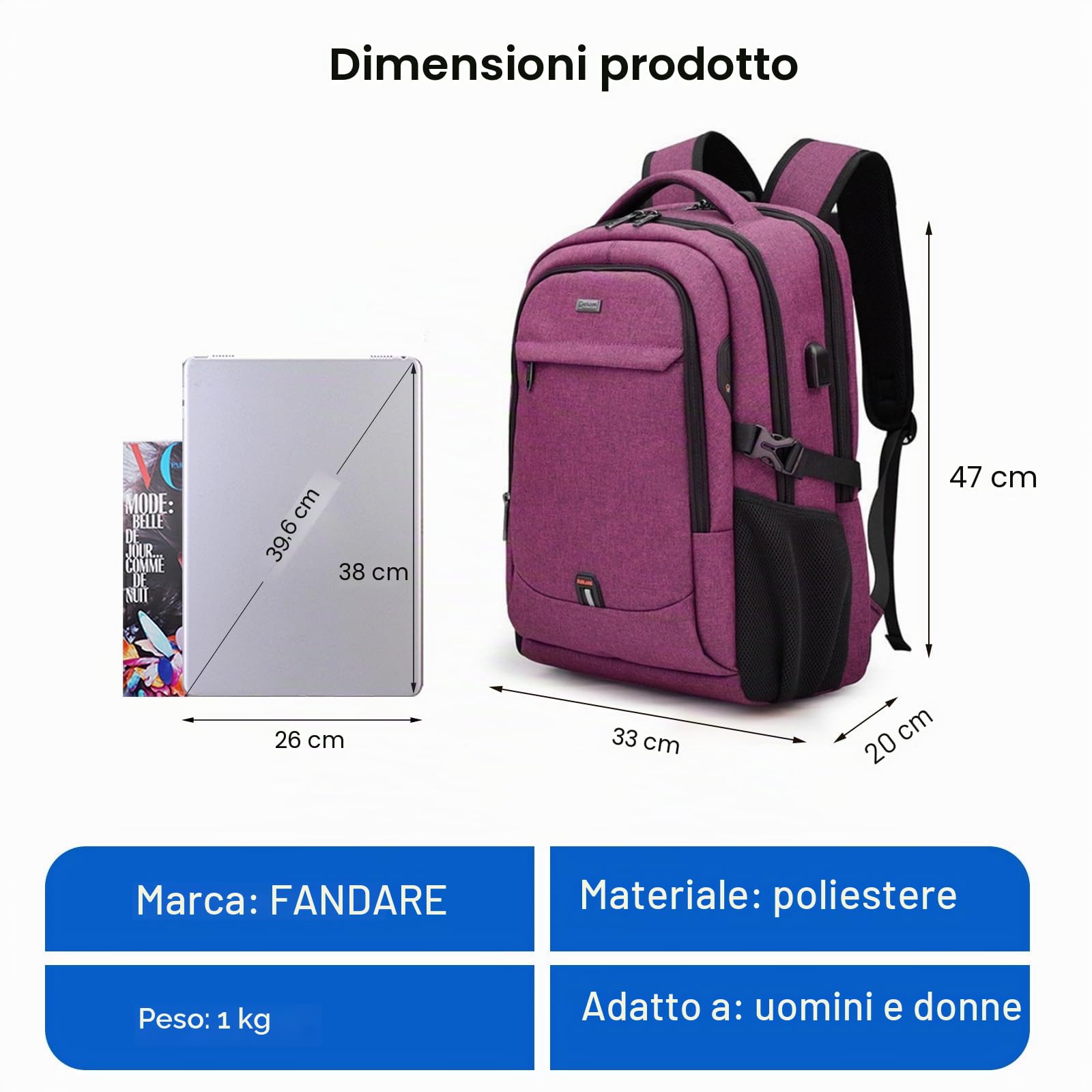 FANDARE Zaino PC Portatili zaino professionale Multifunzione Zaino da scuola Zaino per Laptop con porta di ricarica USB per Affari da 15.6 Pollici Zaino Lavoro Uomo Donna Viaggio Zaini Rosa Rossa