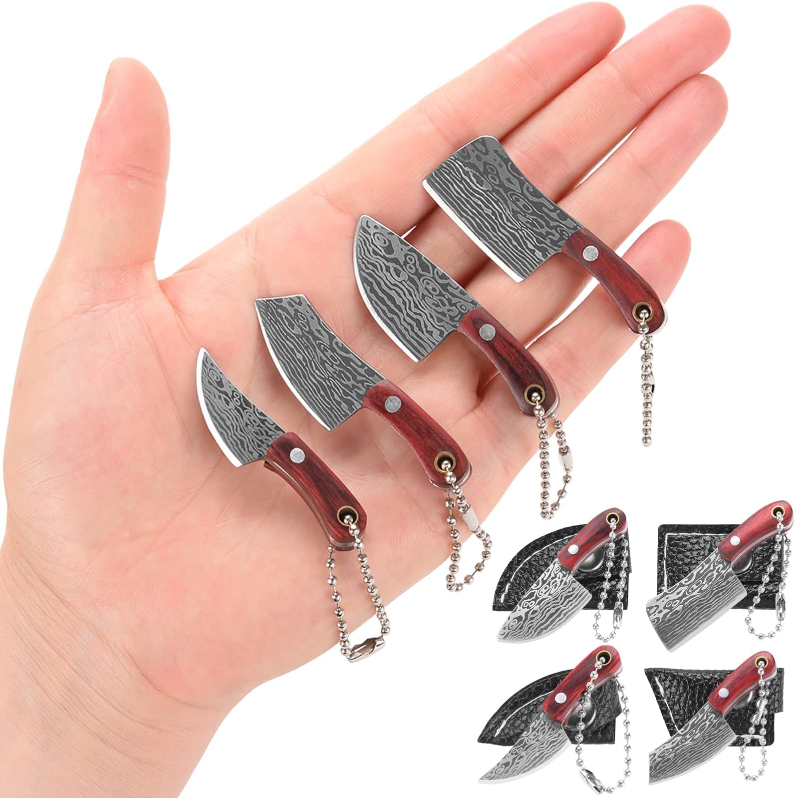 Mini Knife Set Pocket Knife Damascus Chef Knives Edc Knife Set Tiny Knife Cleaver for Package Opener,Box Cutter,Chef Gifts,Set of 4