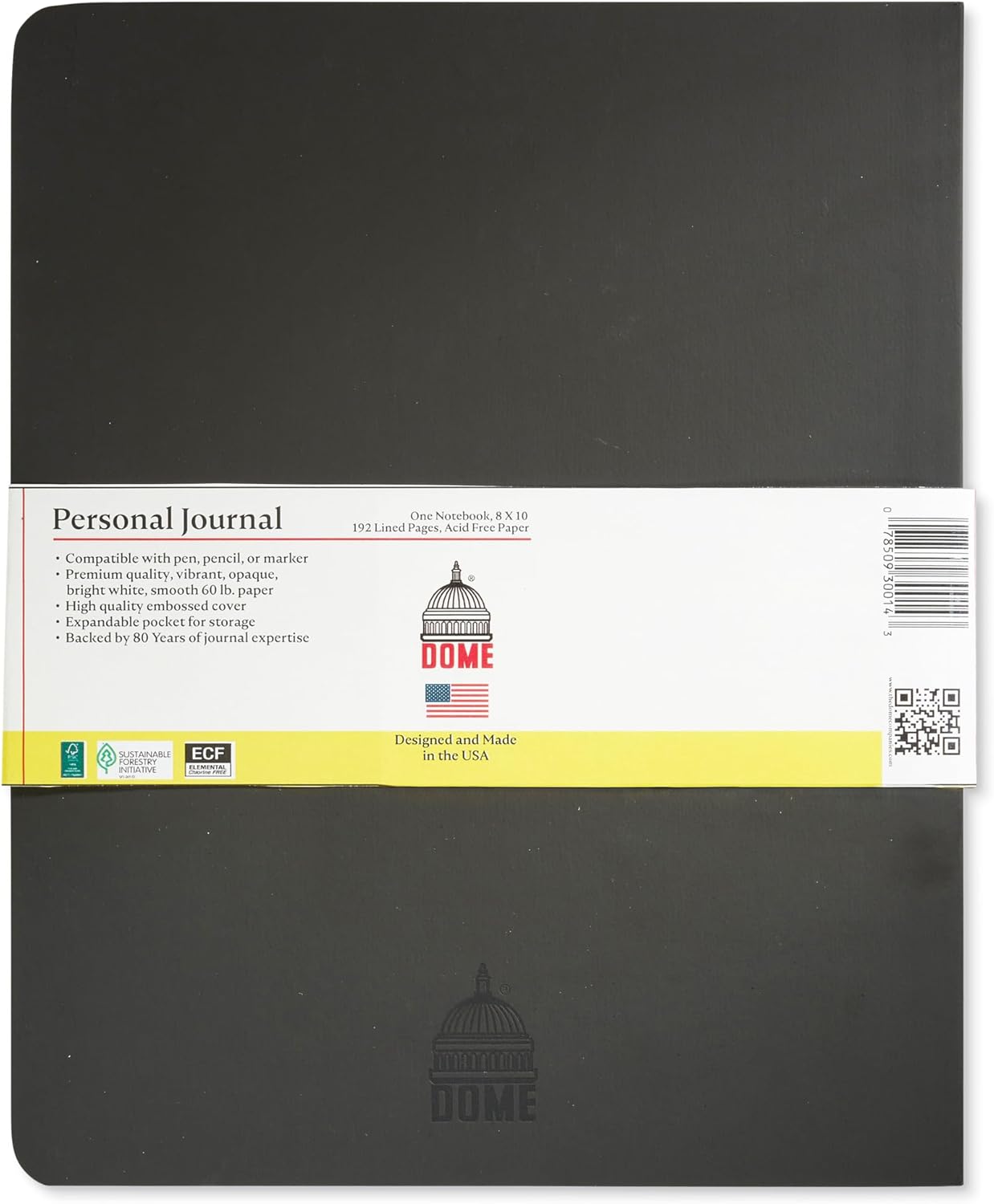 DOME Personal Journal – 8 x 10 Inch Softcover Lined Journal Notebook, 192 Pages, Black, Premium Acid-Free 60-lb Thick Paper, Inner Pocket, Made in USA