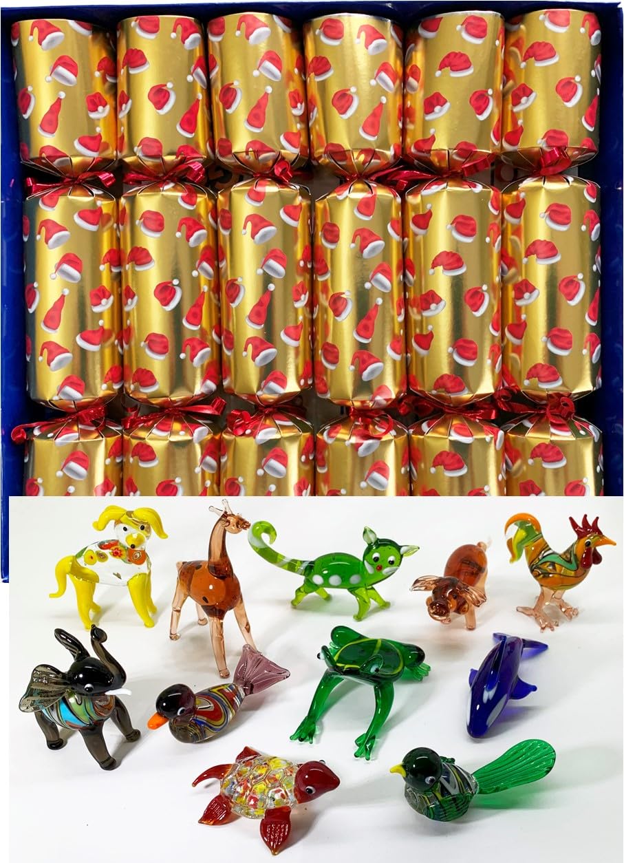 Crackers Ltd Gold Glass Animal Figurine Christmas Crackers, With Santa Hats Design, Set Of 6, Collectible Miniature Animals 4-7Cm