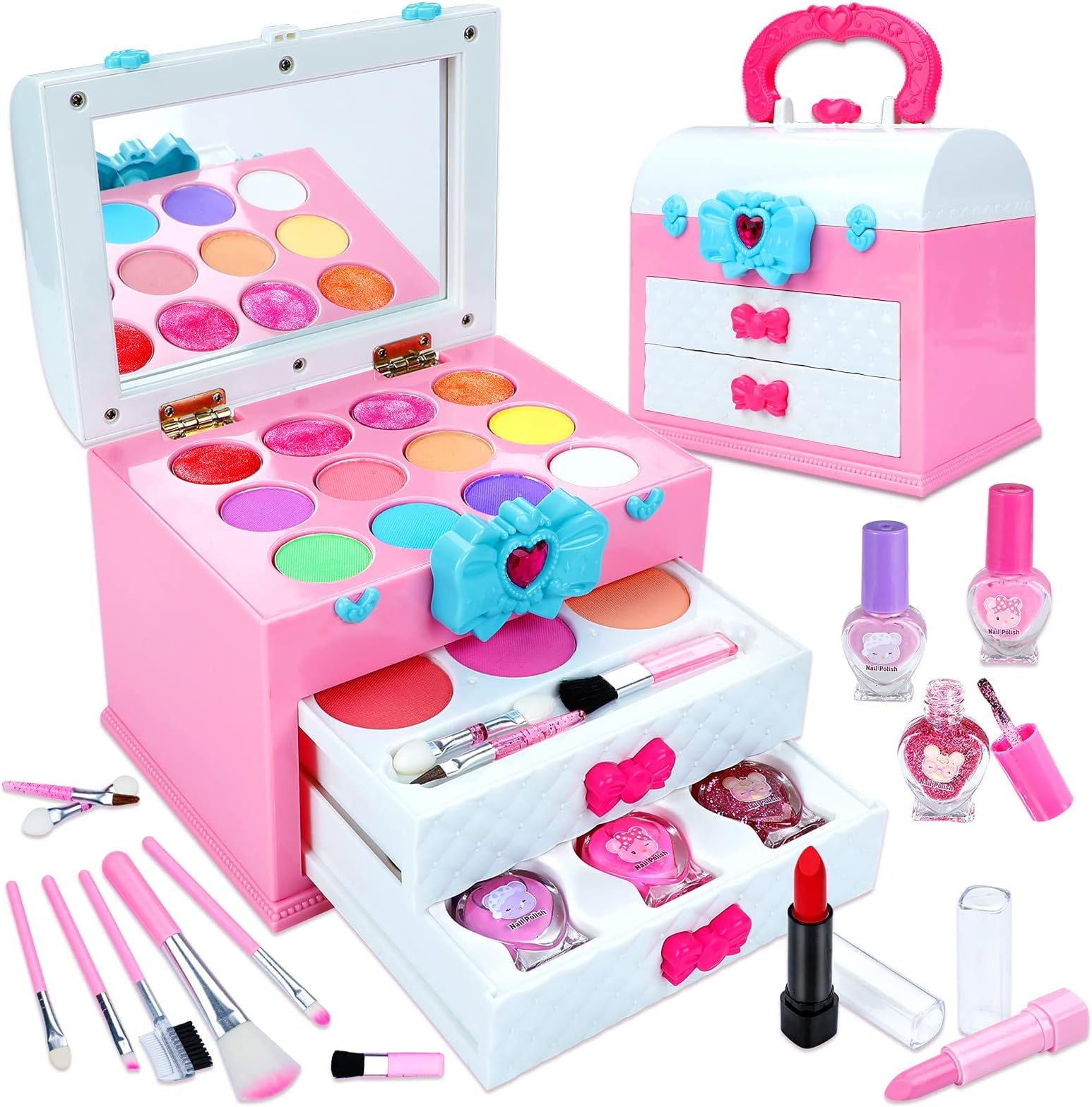 PYEBE Washable Kids Makeup Kit for Little Girls 3-8, Real Makeup Toy Set with Portable Makeup Box, Lipsticks, Brushes and Mirror for Kids Toddlers Pretend Play Birthday Christmas